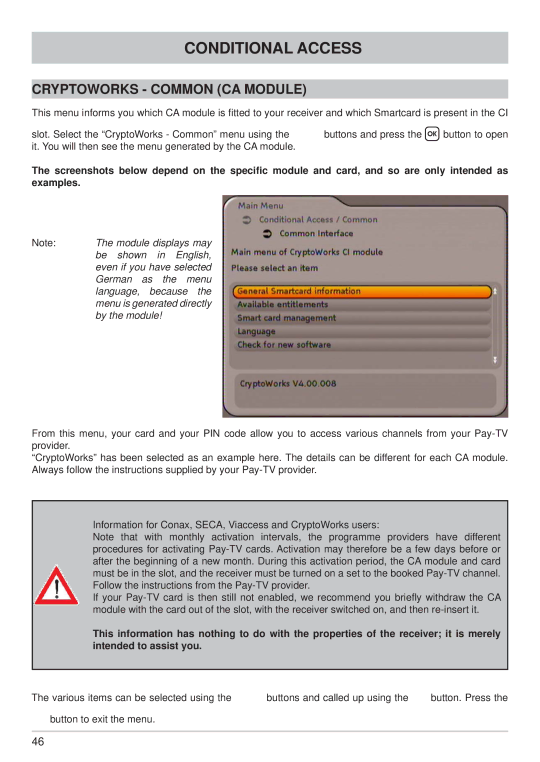 Kathrein UFC 762si, UFC 762sw manual Cryptoworks Common CA Module 