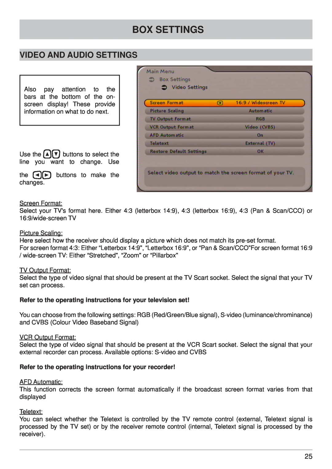 Kathrein UFC 762sw Video And Audio Settings, Box Settings, Refer to the operating instructions for your television set 