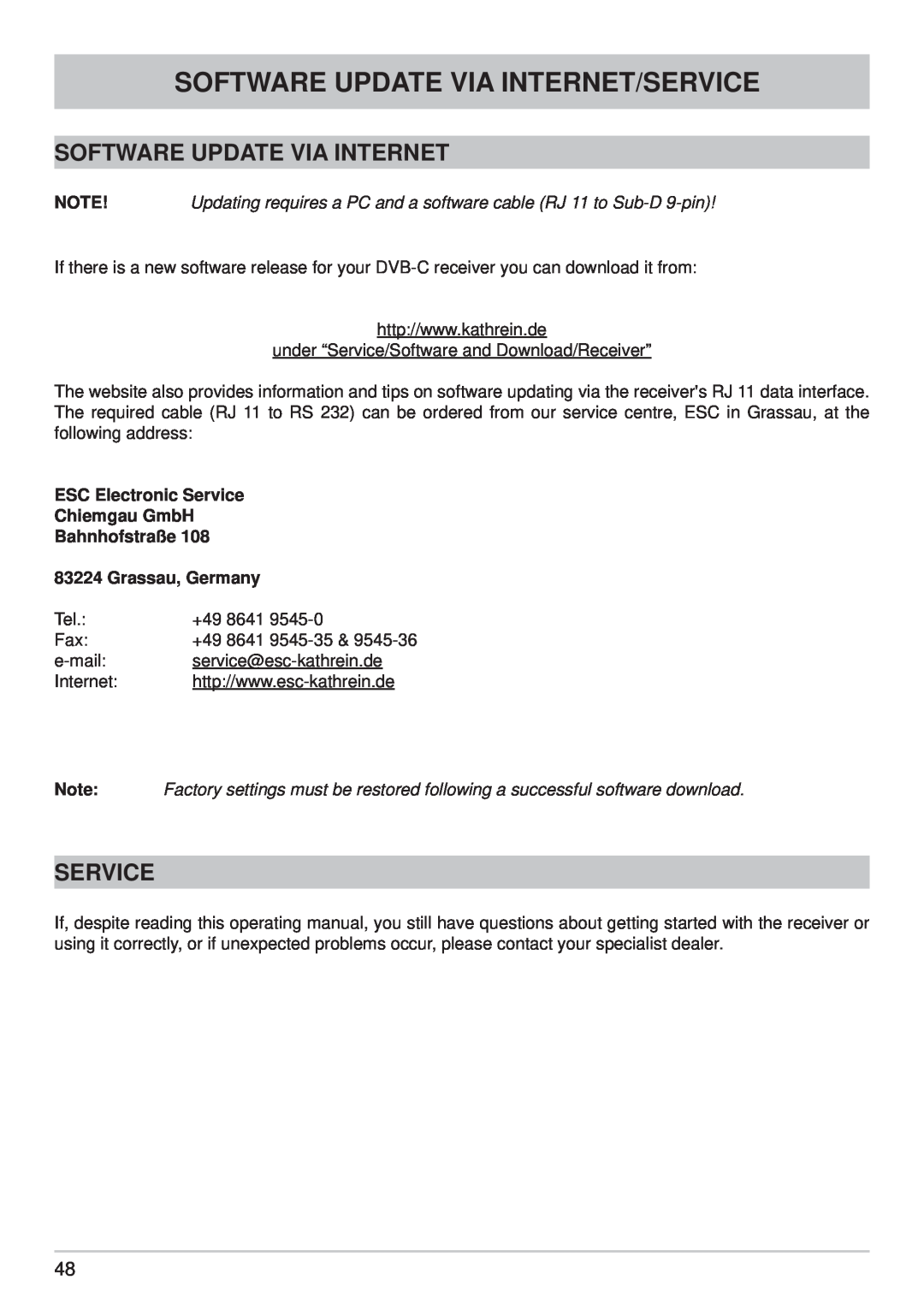 Kathrein UFC 762si, UFC 762sw manual Software Update Via Internet/Service 