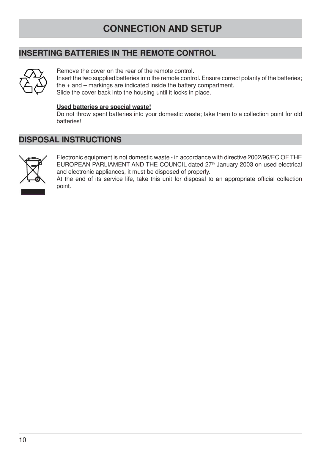 Kathrein UFC 861si Inserting Batteries in the Remote Control, Disposal Instructions, Used batteries are special waste 