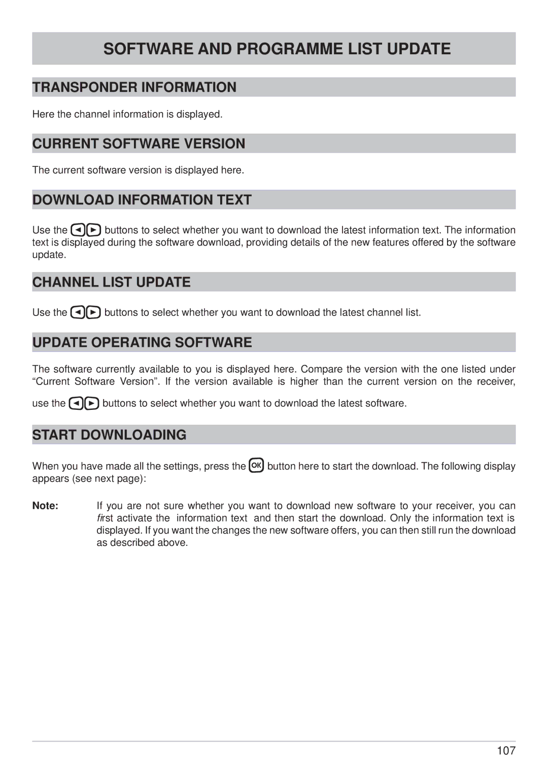 Kathrein UFC 861si manual Transponder Information, Current Software Version, Download Information Text, Channel List Update 