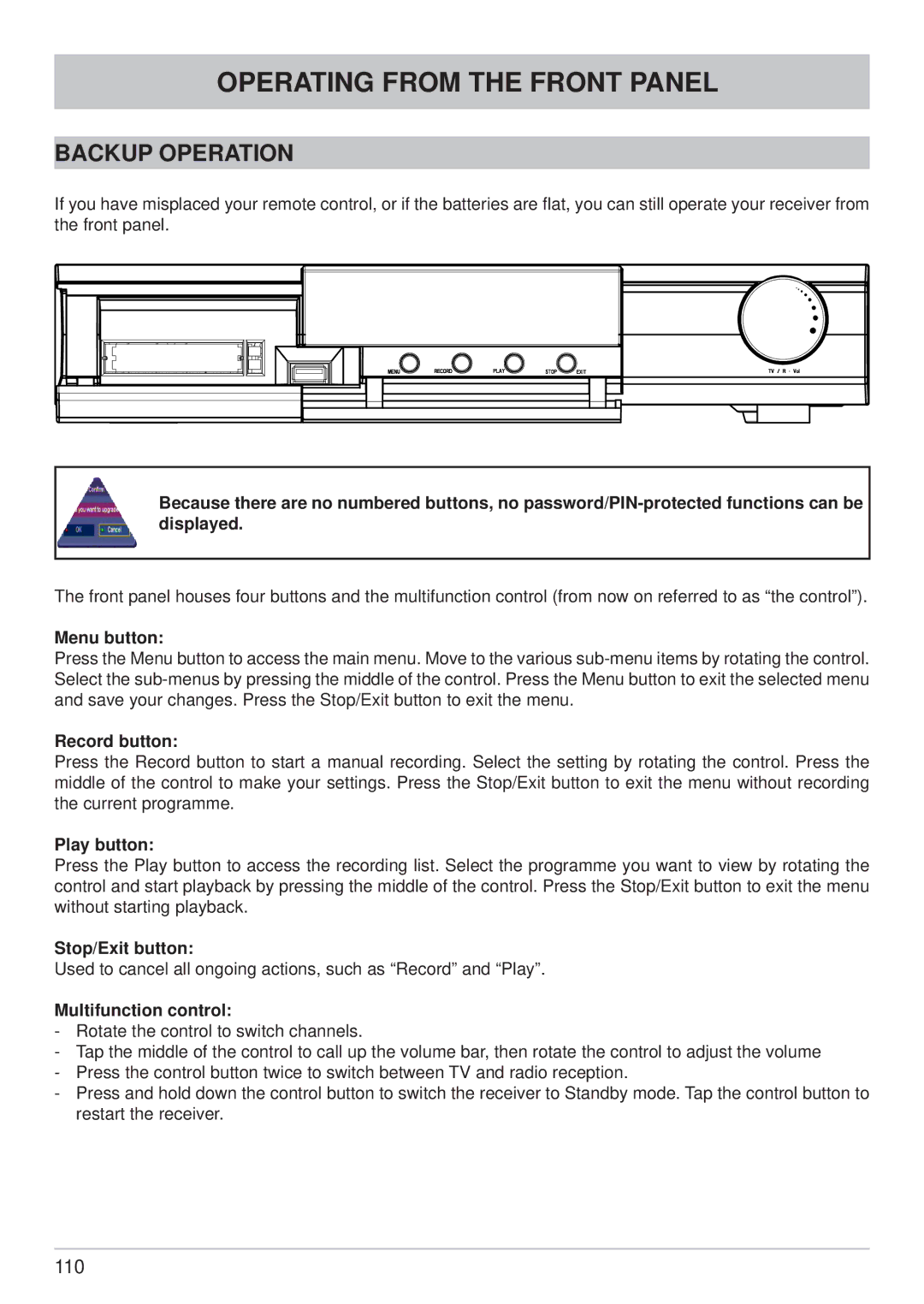 Kathrein UFC 861si manual Operating from the Front Panel, Backup Operation 