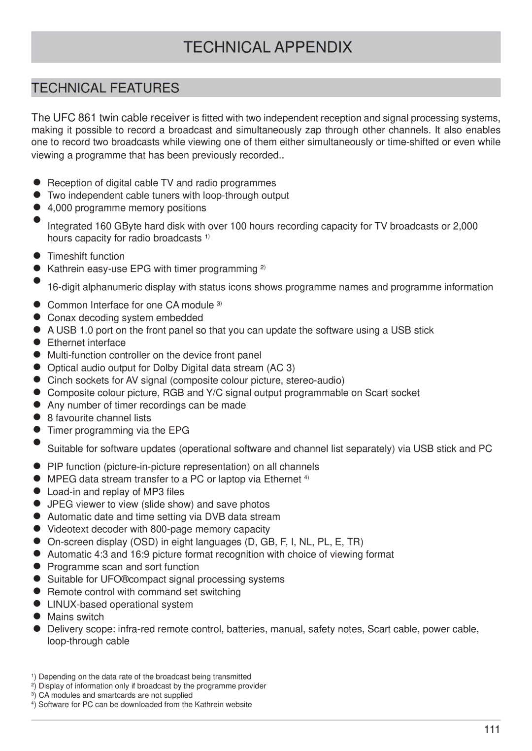 Kathrein UFC 861si manual Technical Appendix, Technical Features 