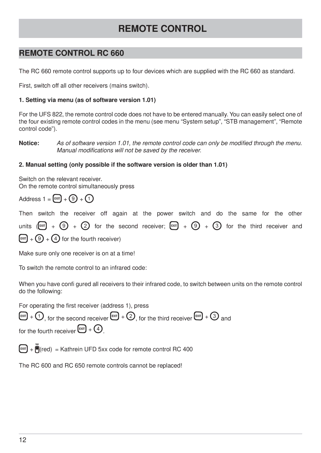 Kathrein UFC 861si manual Remote Control RC, Setting via menu as of software version 