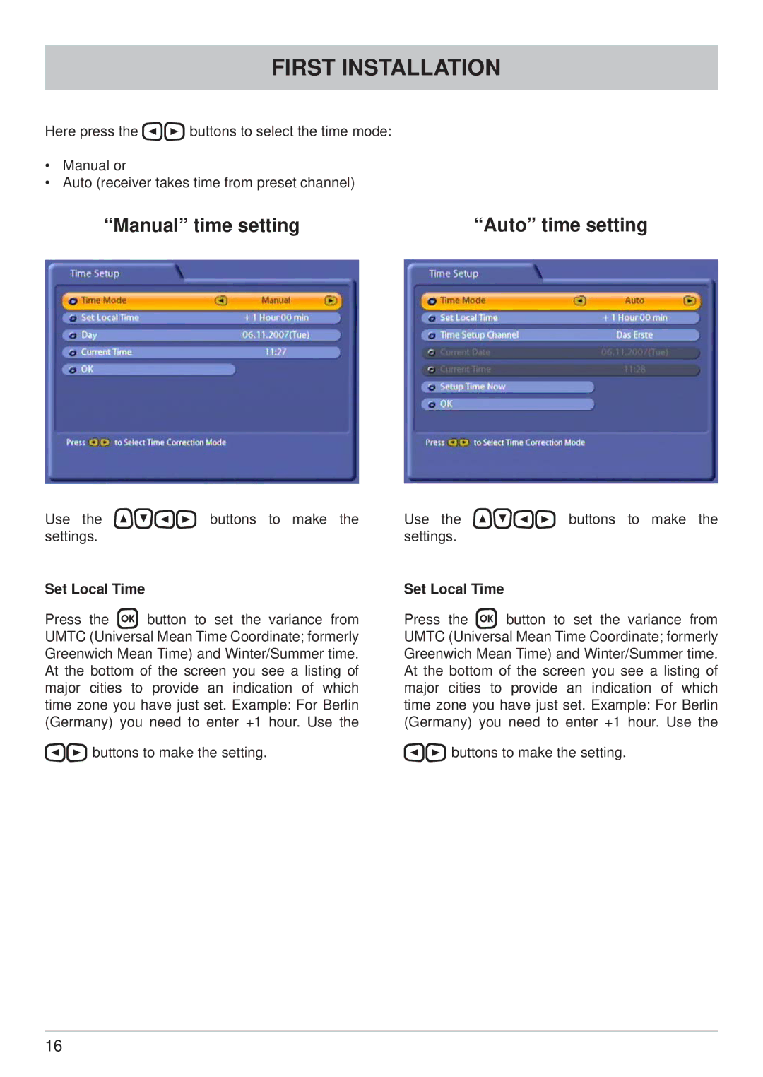 Kathrein UFC 861si manual Manual time setting Auto time setting, Set Local Time 