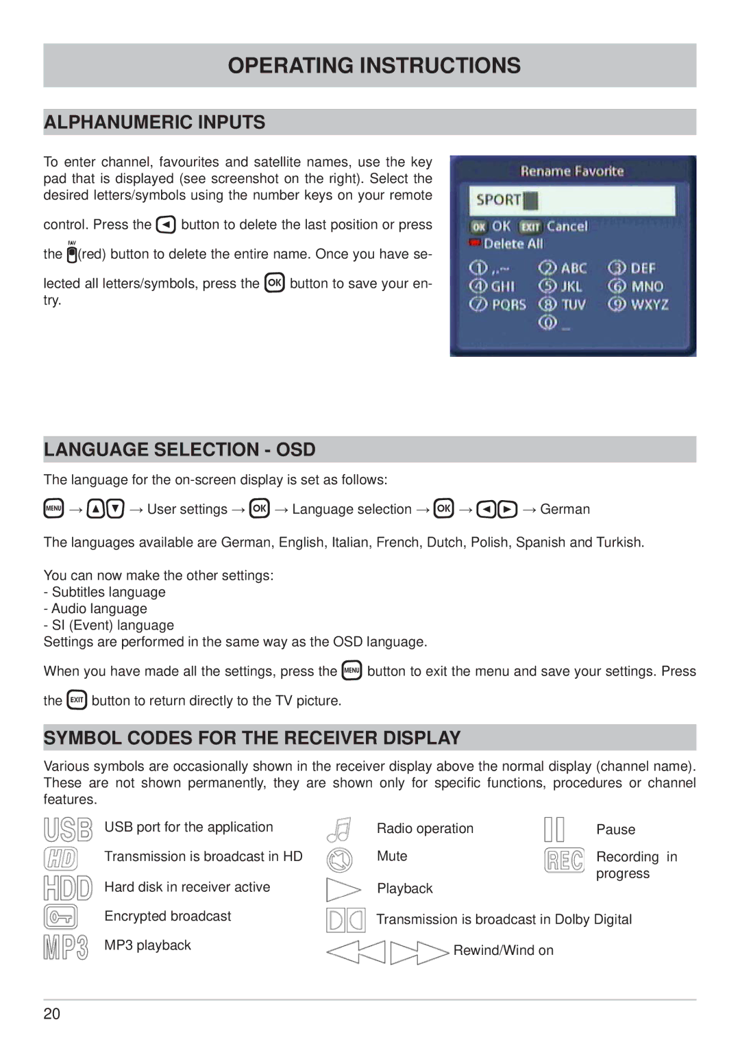 Kathrein UFC 861si manual Alphanumeric Inputs, Language Selection OSD, Symbol Codes for the Receiver Display 