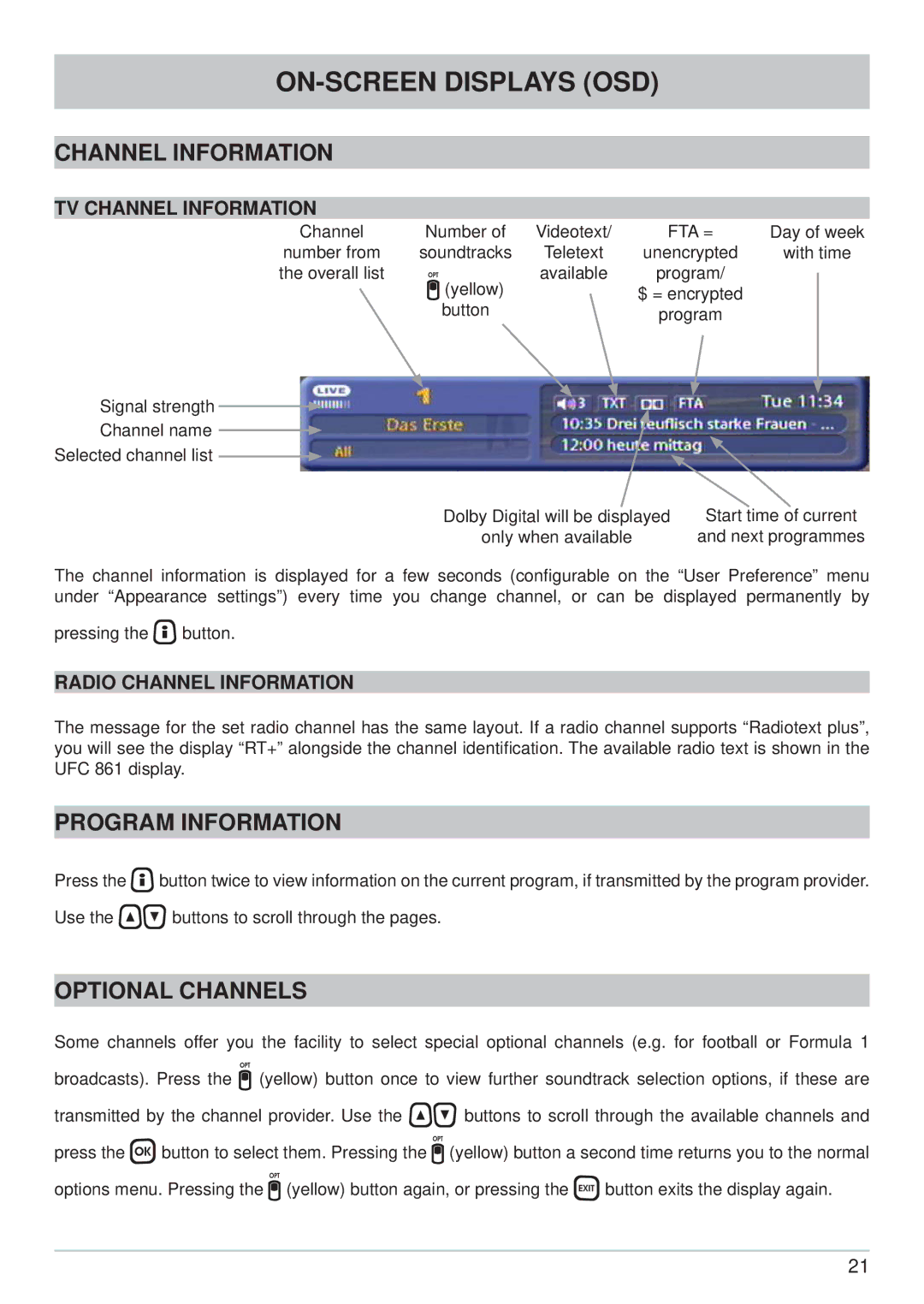 Kathrein UFC 861si manual ON-SCREEN Displays OSD, Channel Information, Program Information, Optional Channels 