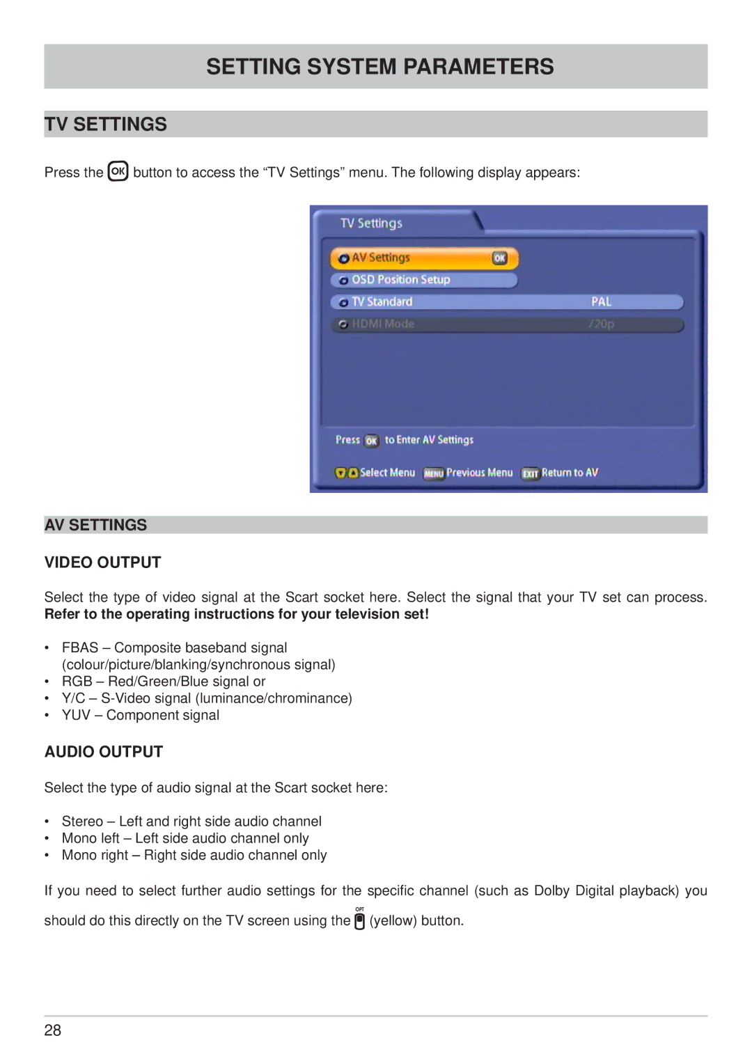 Kathrein UFC 861si manual TV Settings, AV Settings Video Output, Audio Output 