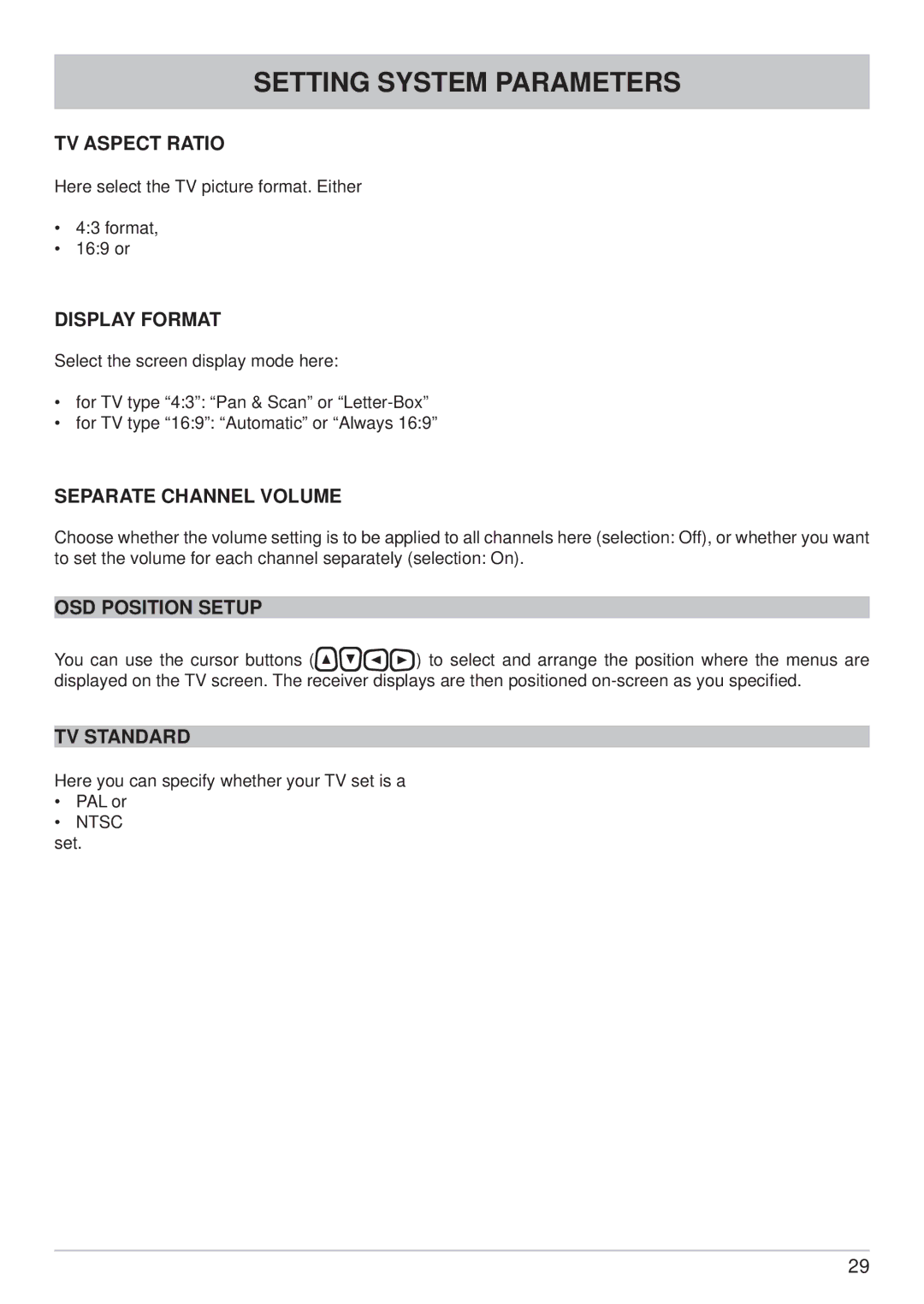 Kathrein UFC 861si manual TV Aspect Ratio, Display Format, Separate Channel Volume, OSD Position Setup, TV Standard 