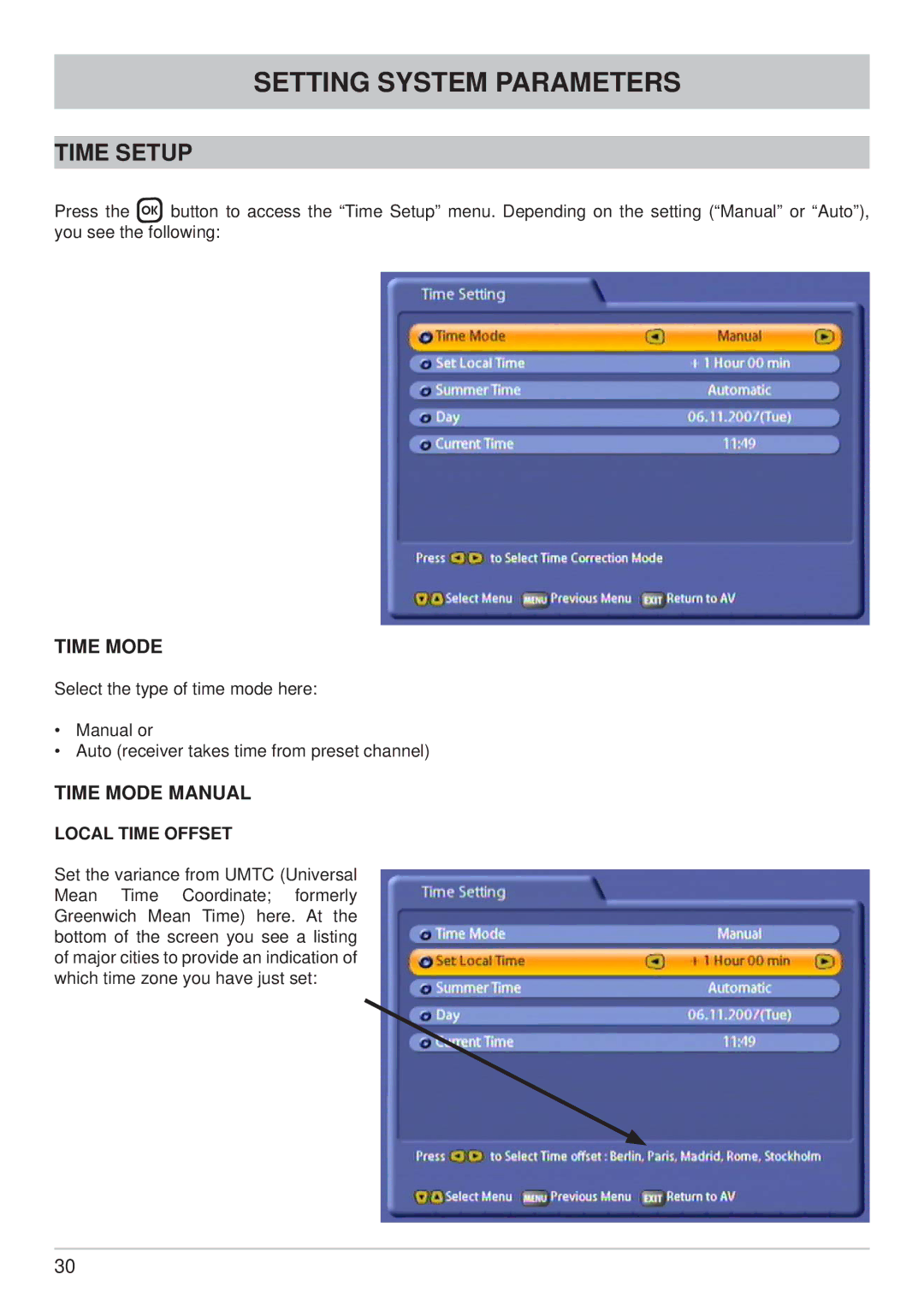 Kathrein UFC 861si manual Time Setup, Time Mode Manual 