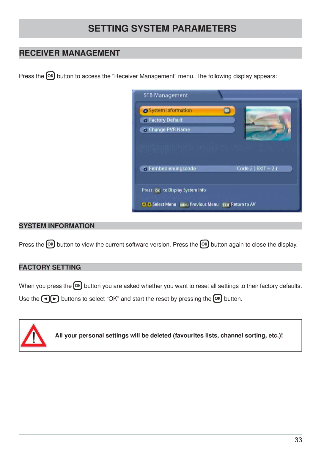 Kathrein UFC 861si manual Receiver Management, System Information, Factory Setting 