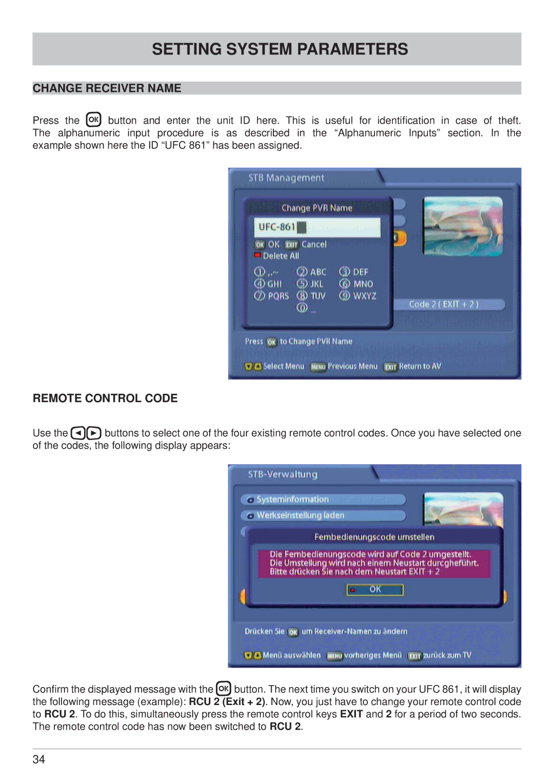 Kathrein UFC 861si manual Change Receiver Name, Remote Control Code 