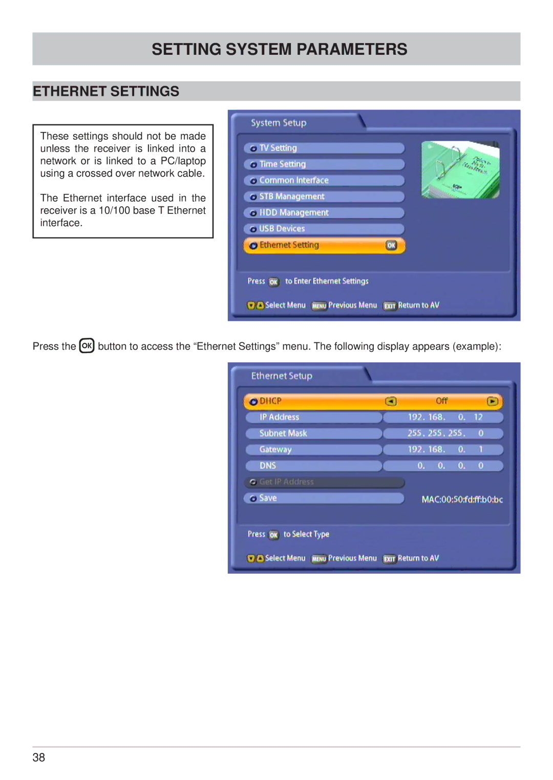 Kathrein UFC 861si manual Ethernet Settings 