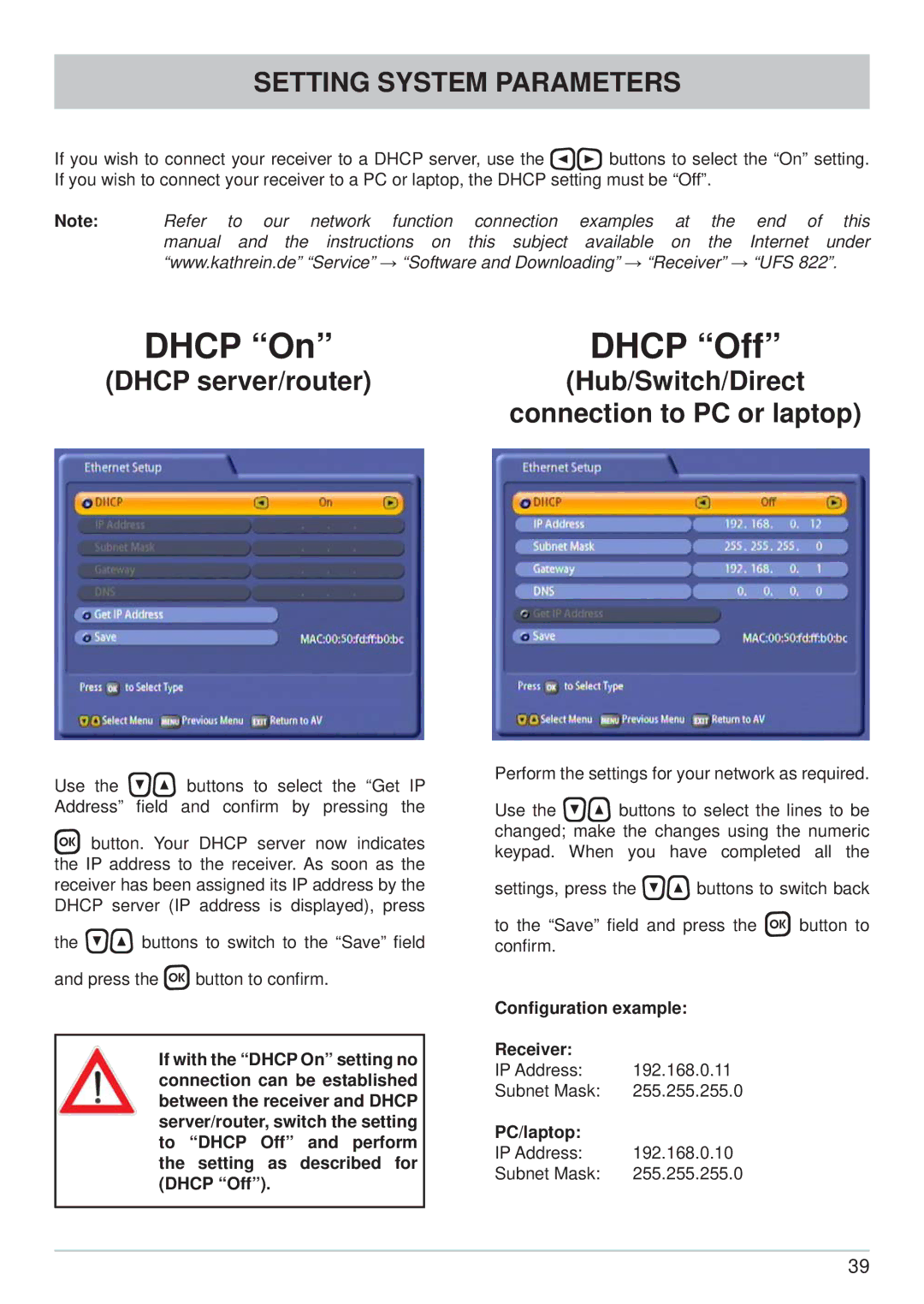 Kathrein UFC 861si manual Conﬁguration example Receiver, PC/laptop 