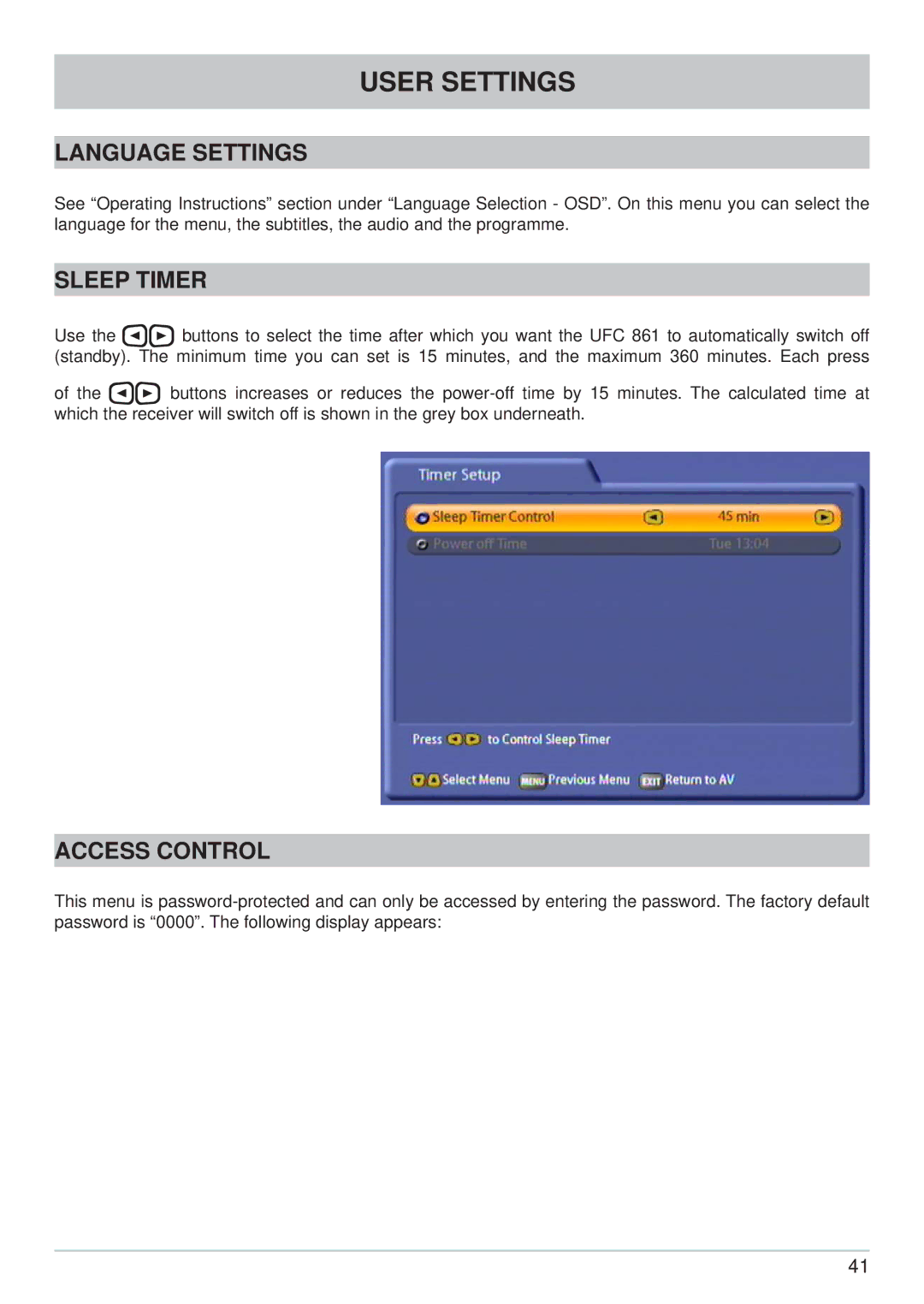 Kathrein UFC 861si manual Language Settings, Sleep Timer, Access Control 