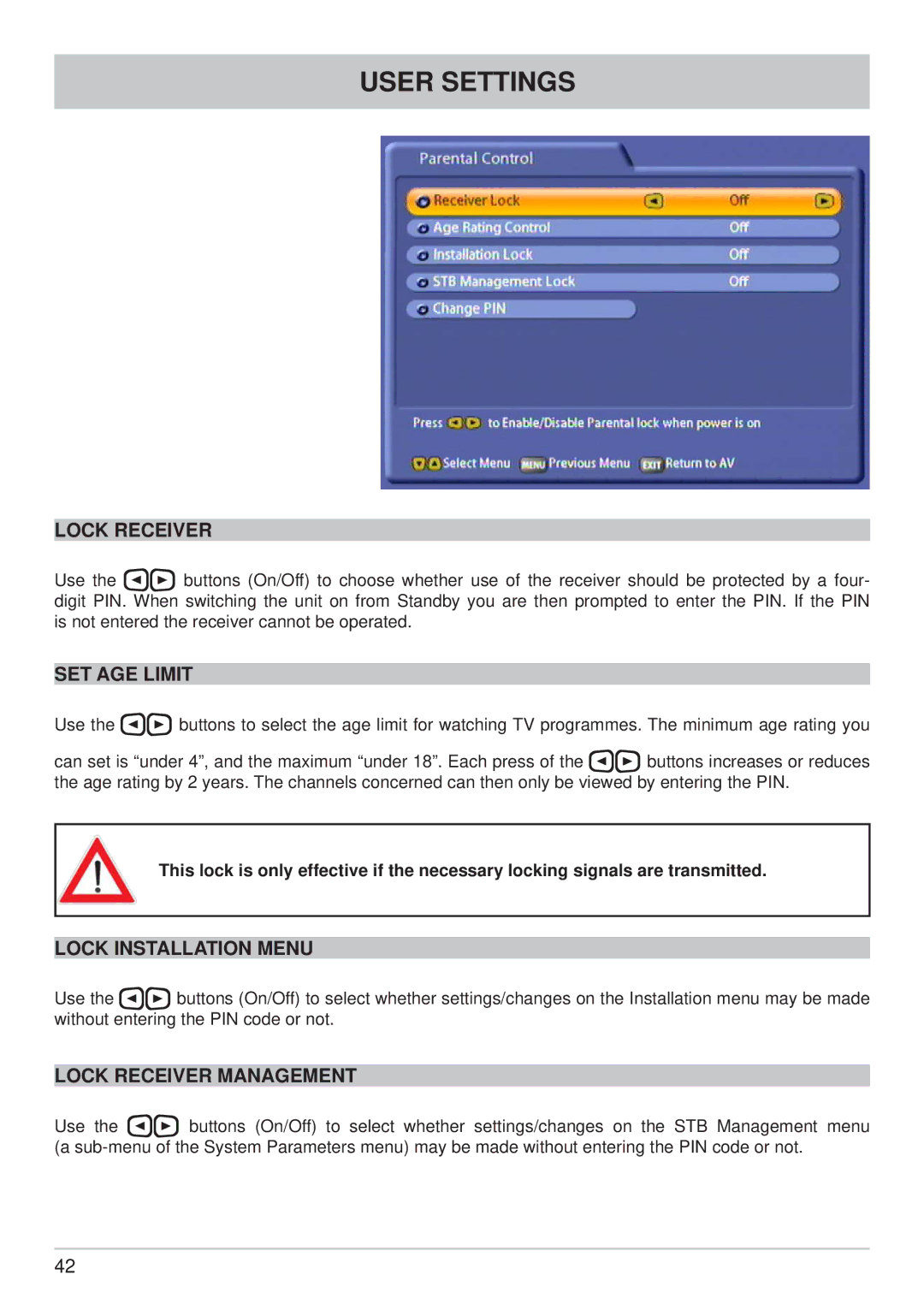 Kathrein UFC 861si manual SET AGE Limit, Lock Installation Menu, Lock Receiver Management 