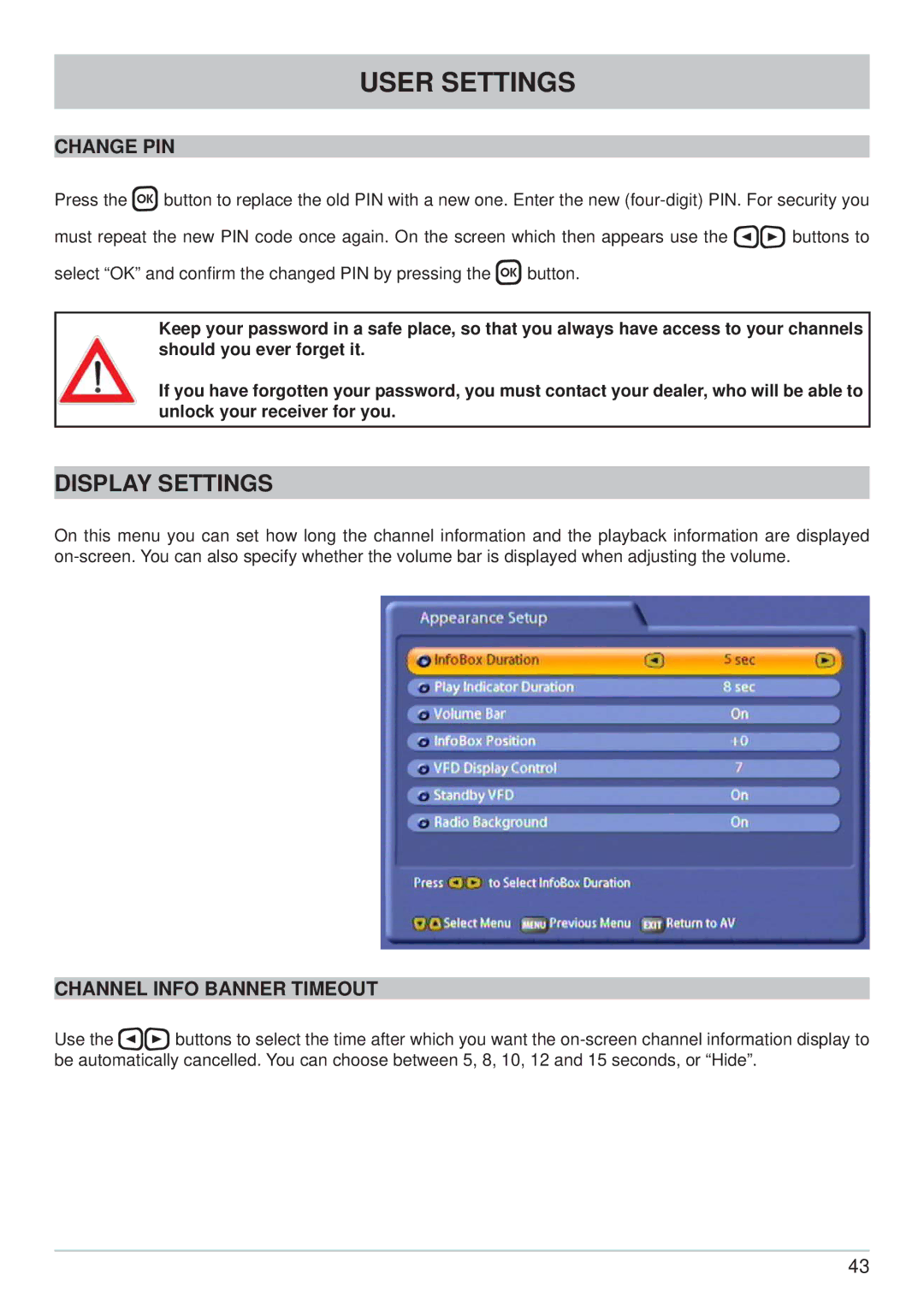 Kathrein UFC 861si manual Display Settings, Change PIN, Channel Info Banner Timeout 