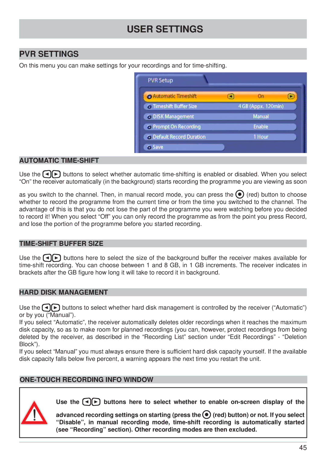 Kathrein UFC 861si manual PVR Settings, Automatic TIME-SHIFT, TIME-SHIFT Buffer Size, Hard Disk Management 