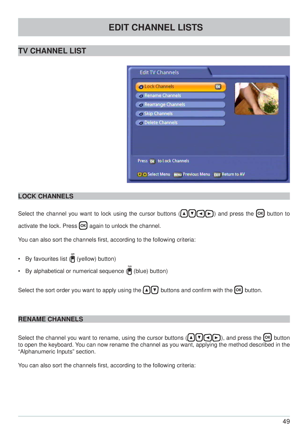 Kathrein UFC 861si manual TV Channel List, Lock Channels, Rename Channels 