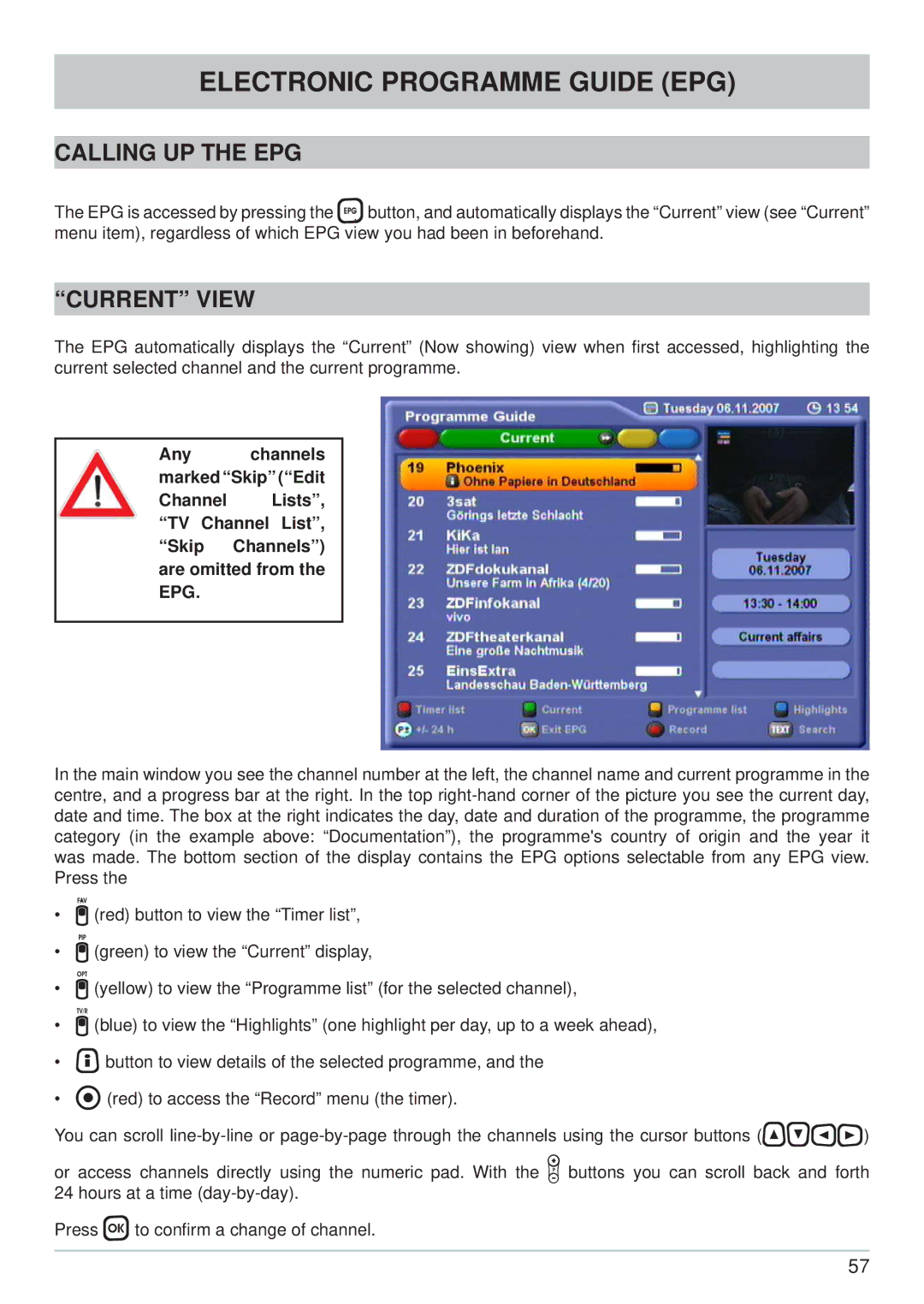 Kathrein UFC 861si manual Electronic Programme Guide EPG, Calling UP the EPG, Current View 