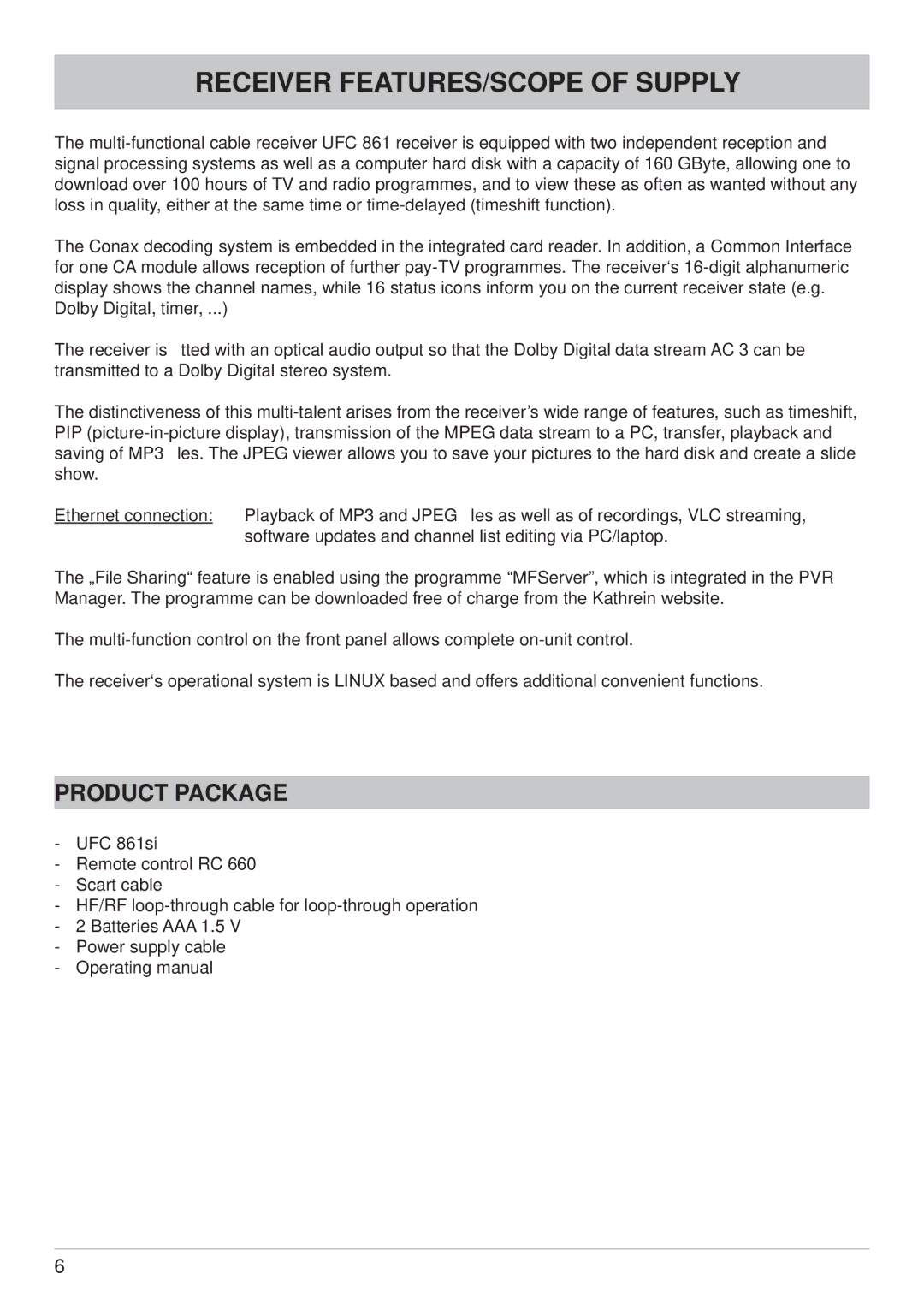 Kathrein UFC 861si manual Receiver FEATURES/SCOPE of Supply, Product Package 