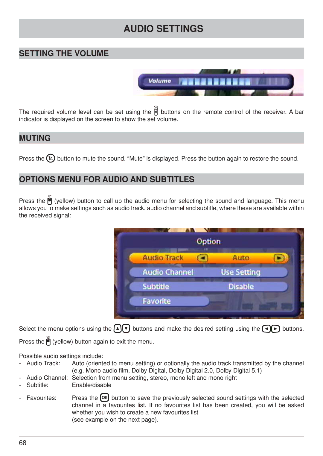 Kathrein UFC 861si manual Audio Settings, Setting the Volume, Muting, Options Menu for Audio and Subtitles 