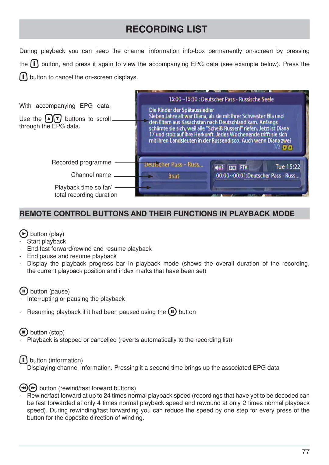 Kathrein UFC 861si manual Remote Control Buttons and Their Functions in Playback Mode 