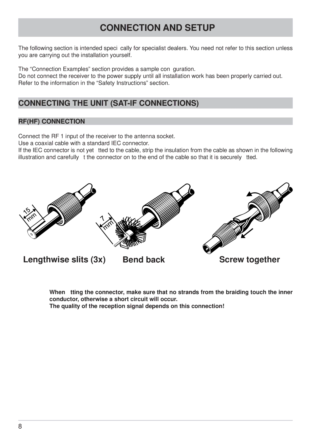 Kathrein UFC 861si manual Connection and Setup, Connecting the Unit SAT-IF Connections, Rfhf Connection 