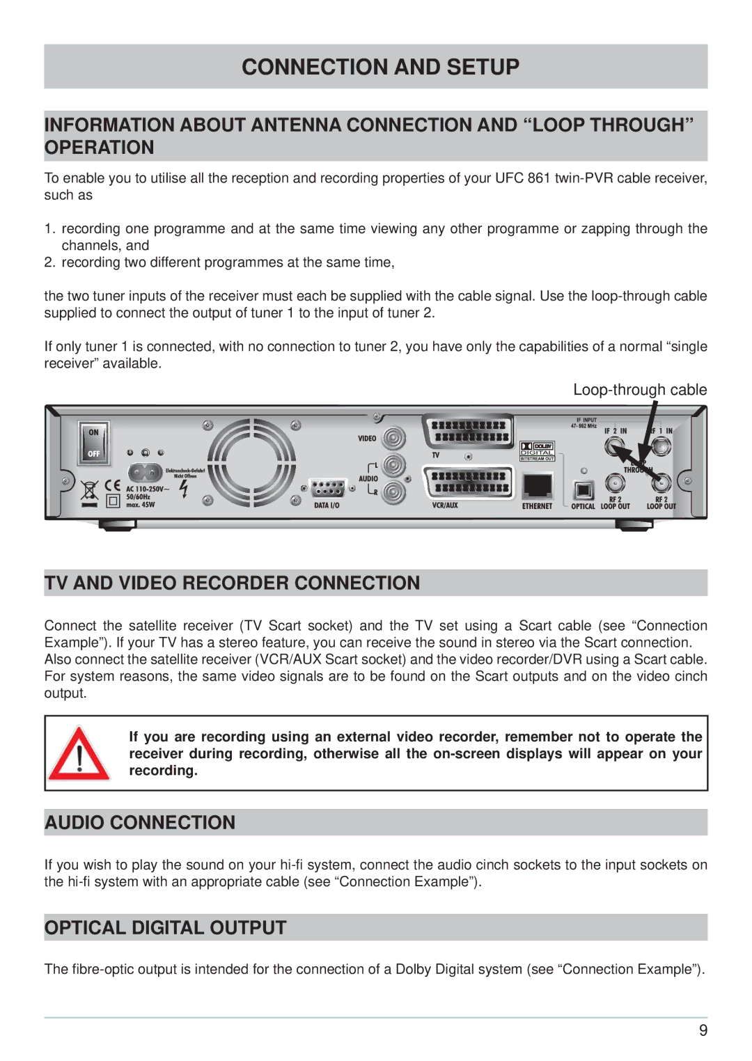 Kathrein UFC 861si manual TV and Video Recorder Connection, Audio Connection, Optical Digital Output 