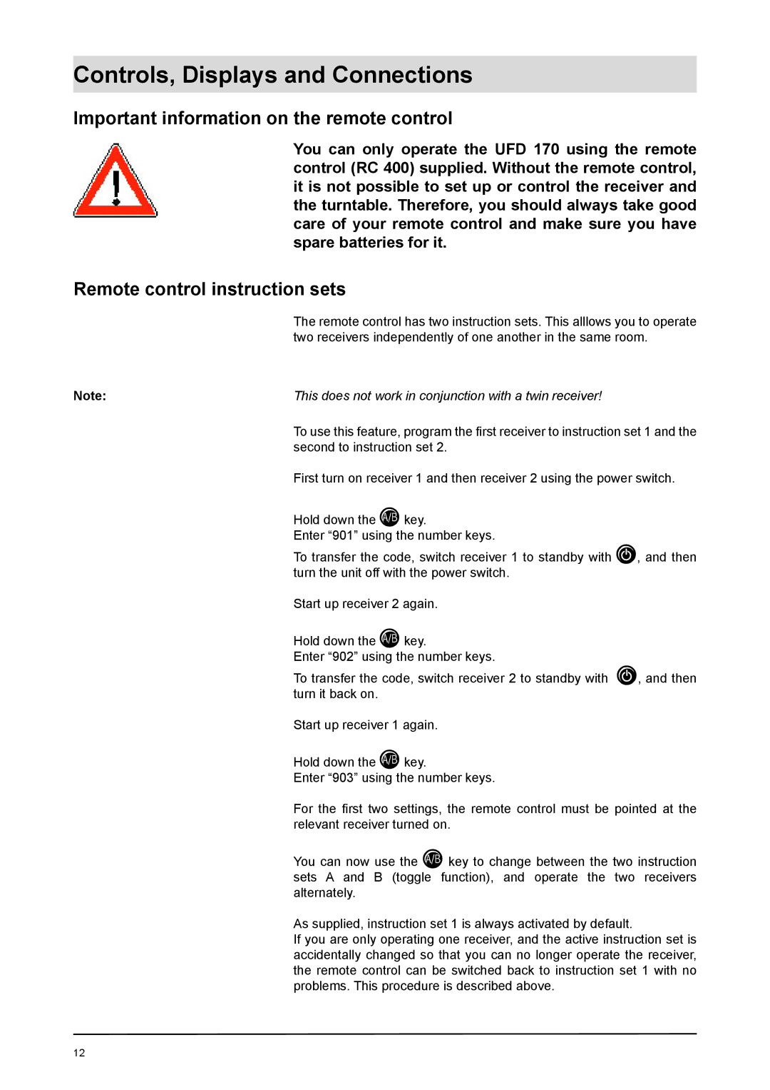 Kathrein UFD 170 manual Important information on the remote control, Remote control instruction sets 