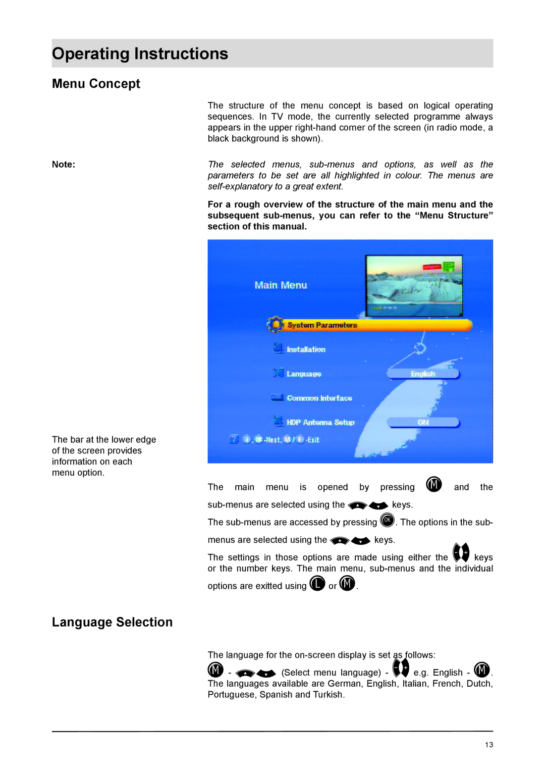 Kathrein UFD 170 manual Operating Instructions, Menu Concept, Language Selection 