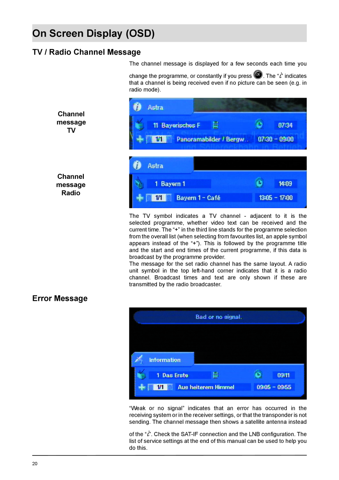 Kathrein UFD 170 manual TV / Radio Channel Message, Error Message, Channel Message Radio 