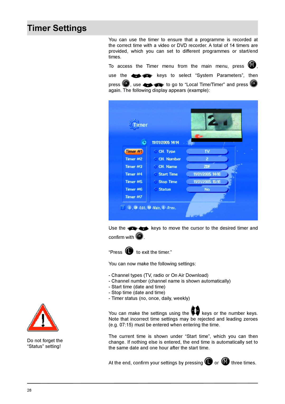 Kathrein UFD 170 manual Timer Settings 