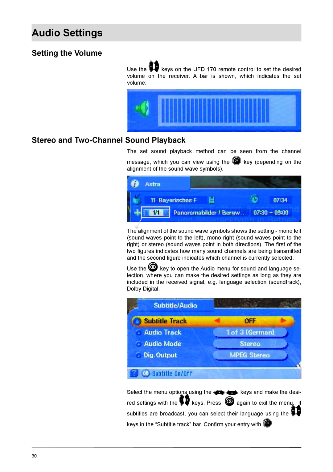 Kathrein UFD 170 manual Audio Settings, Setting the Volume, Stereo and Two-Channel Sound Playback 