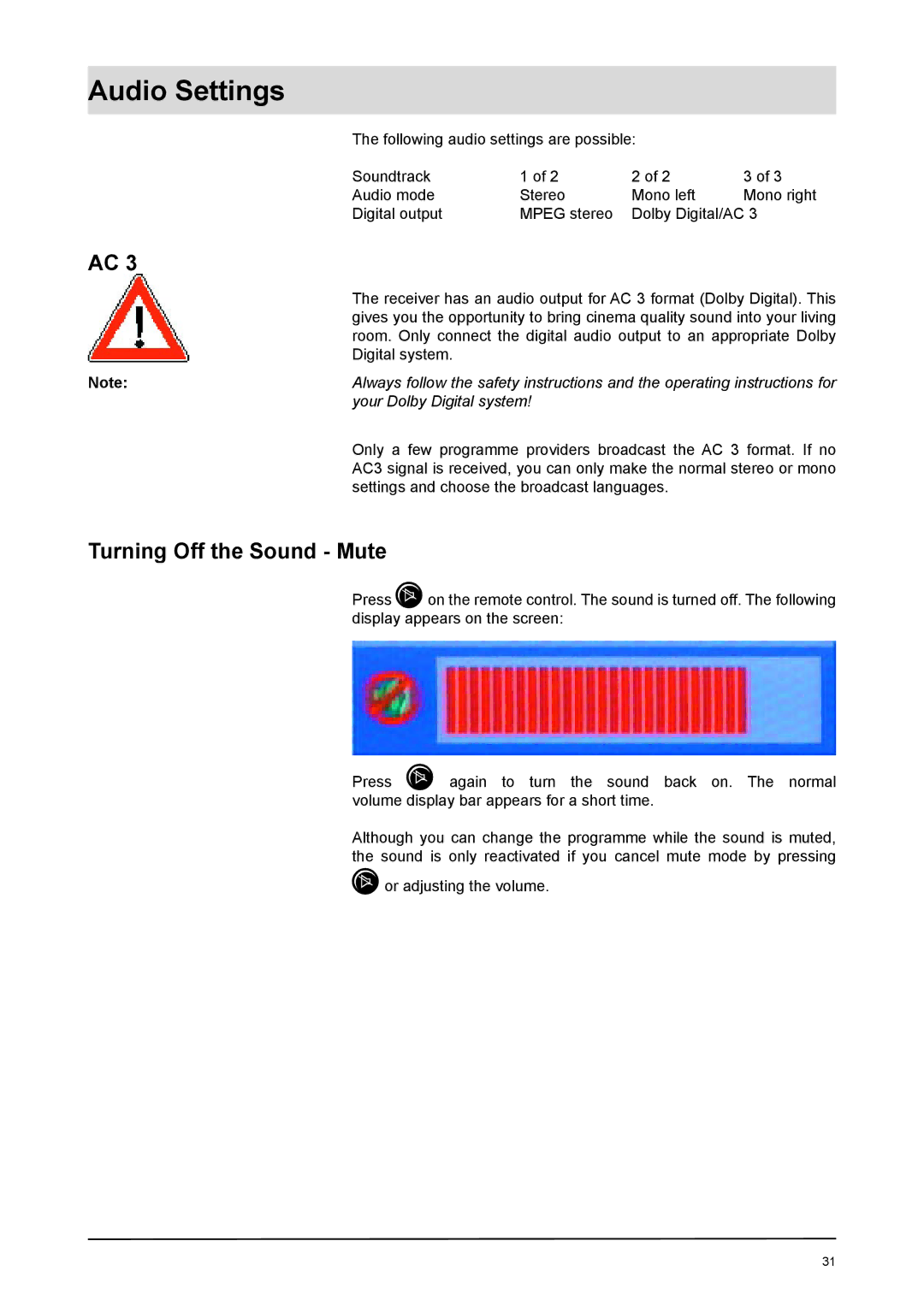 Kathrein UFD 170 manual Turning Off the Sound Mute, Your Dolby Digital system 