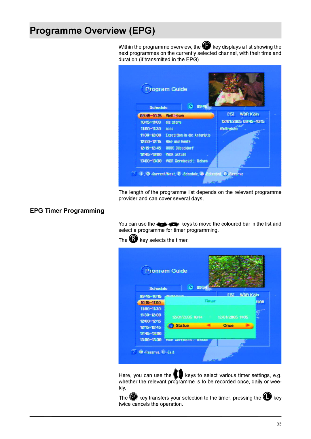 Kathrein UFD 170 manual EPG Timer Programming 