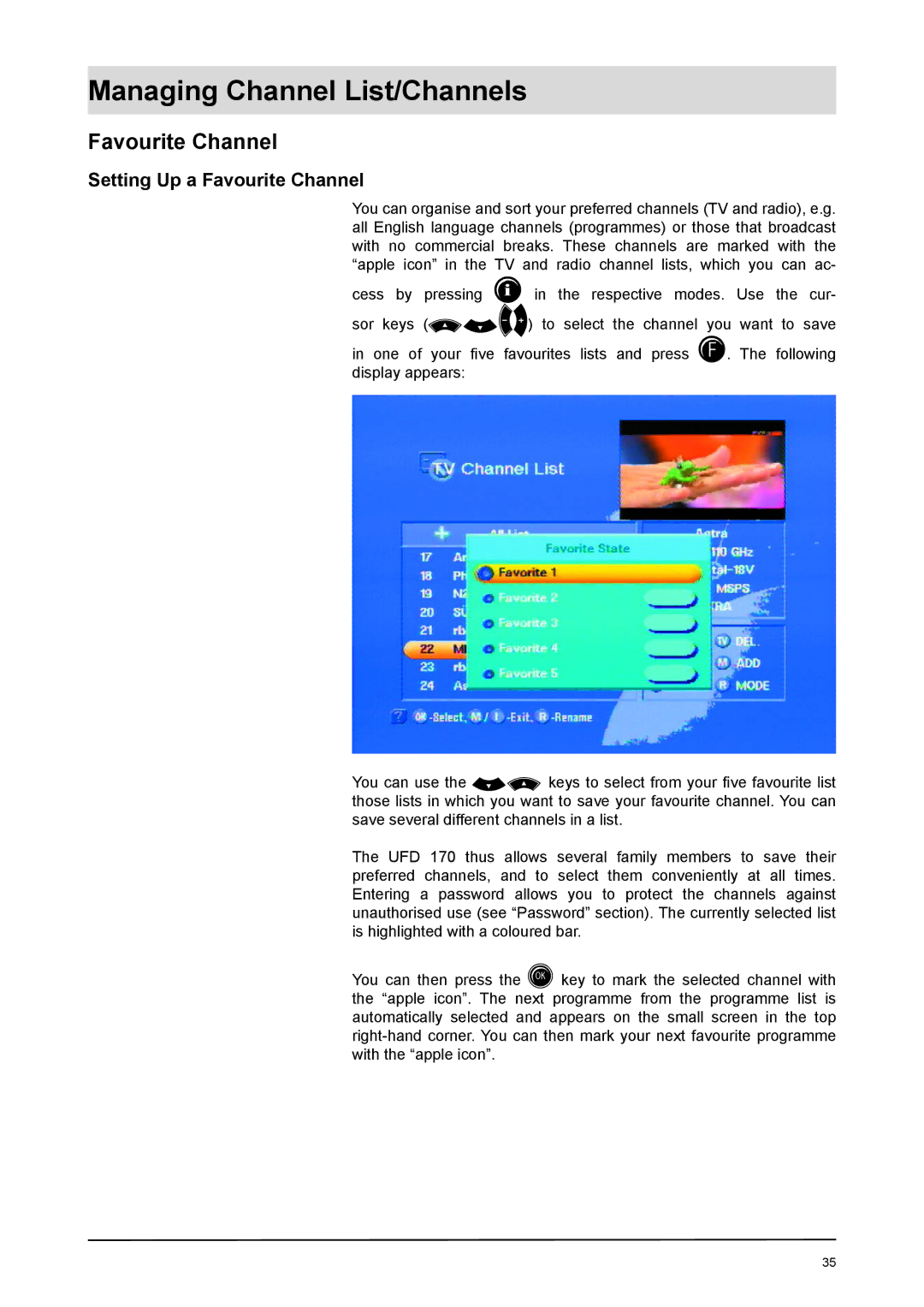 Kathrein UFD 170 manual Setting Up a Favourite Channel 