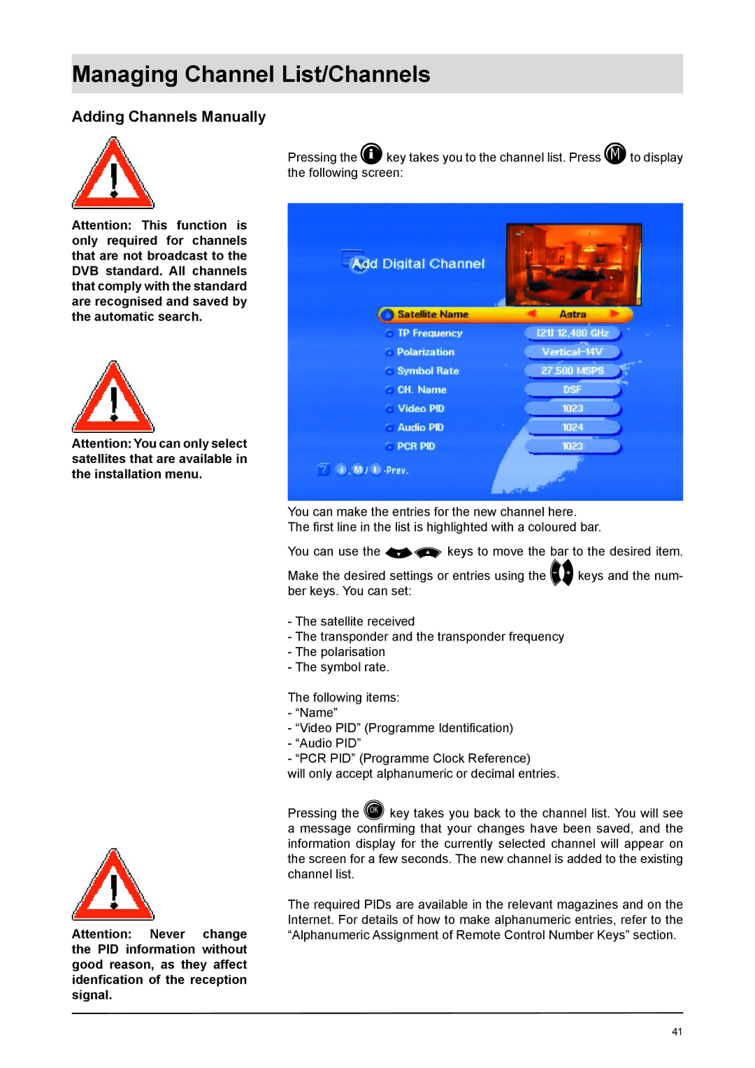 Kathrein UFD 170 manual Adding Channels Manually 