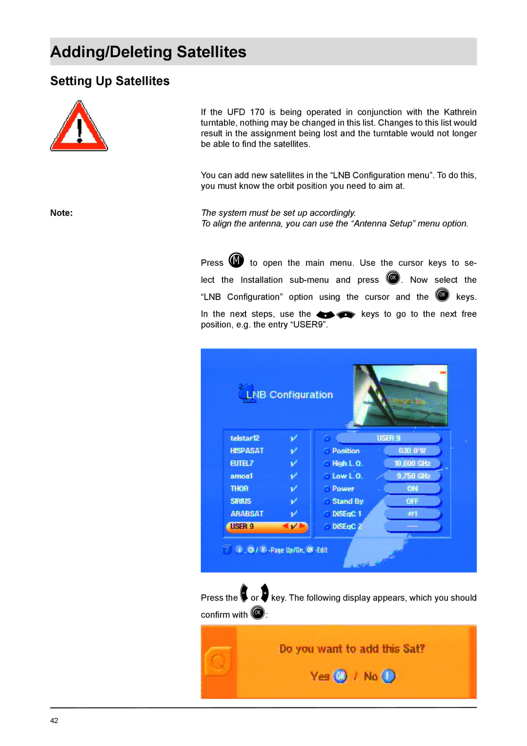 Kathrein UFD 170 manual Adding/Deleting Satellites, Setting Up Satellites 