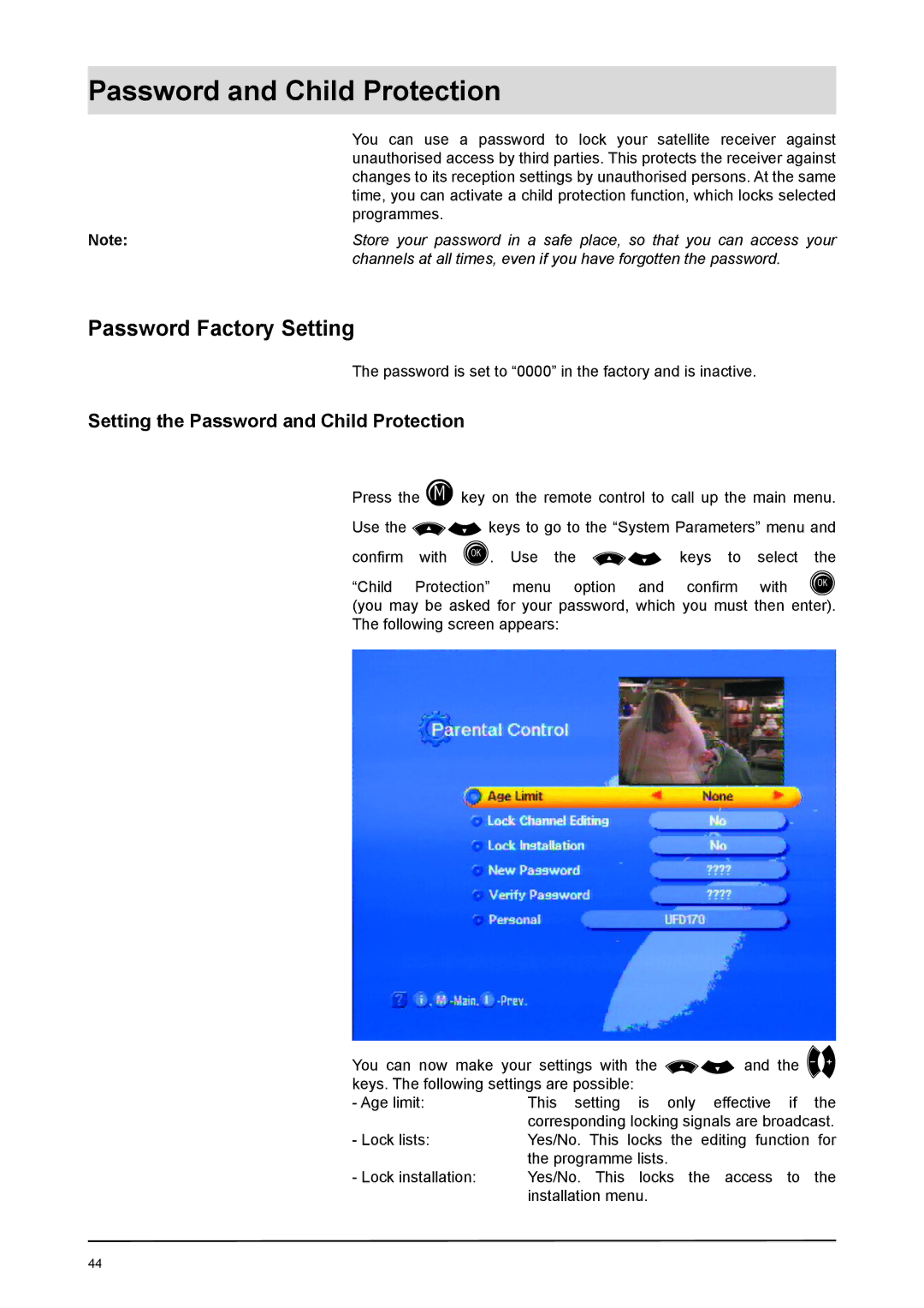 Kathrein UFD 170 manual Password Factory Setting, Setting the Password and Child Protection 