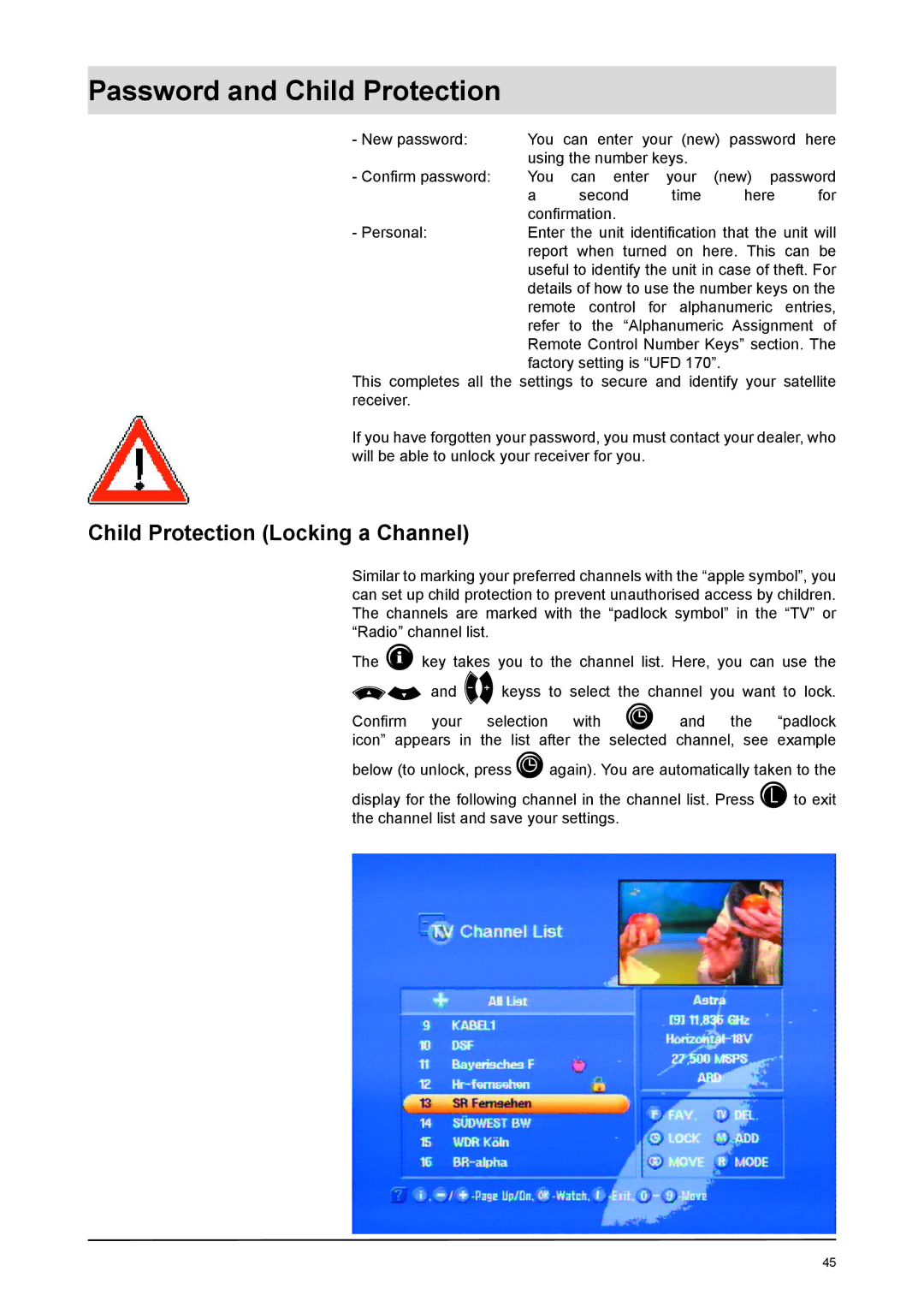 Kathrein UFD 170 manual Child Protection Locking a Channel 