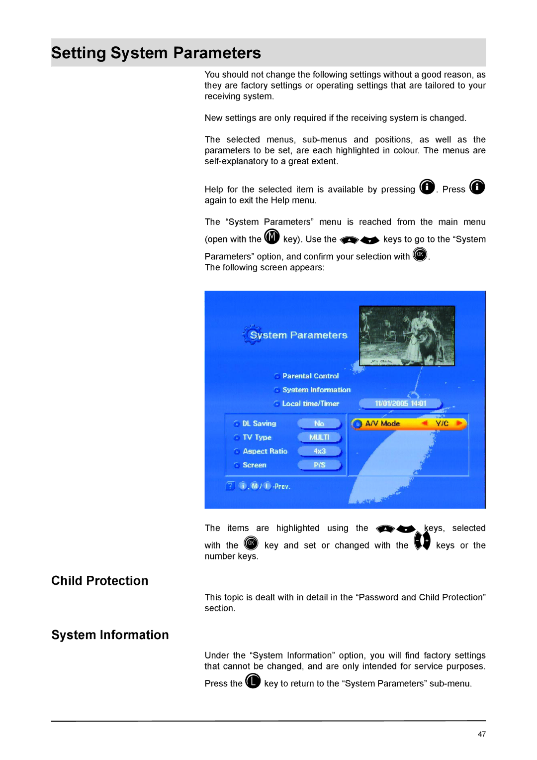 Kathrein UFD 170 manual Setting System Parameters, Child Protection, System Information 