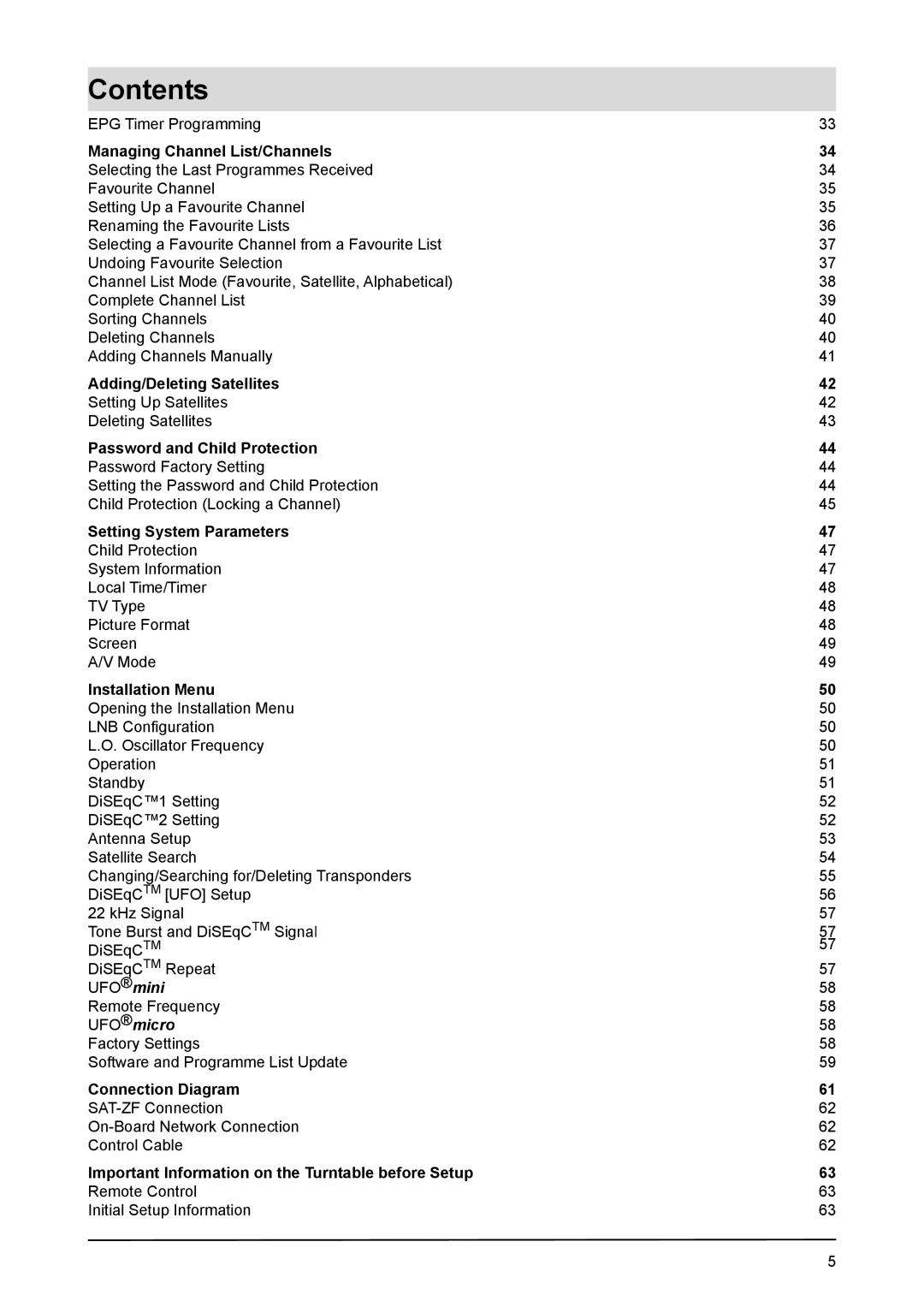 Kathrein UFD 170 manual Managing Channel List/Channels, Adding/Deleting Satellites, Password and Child Protection 