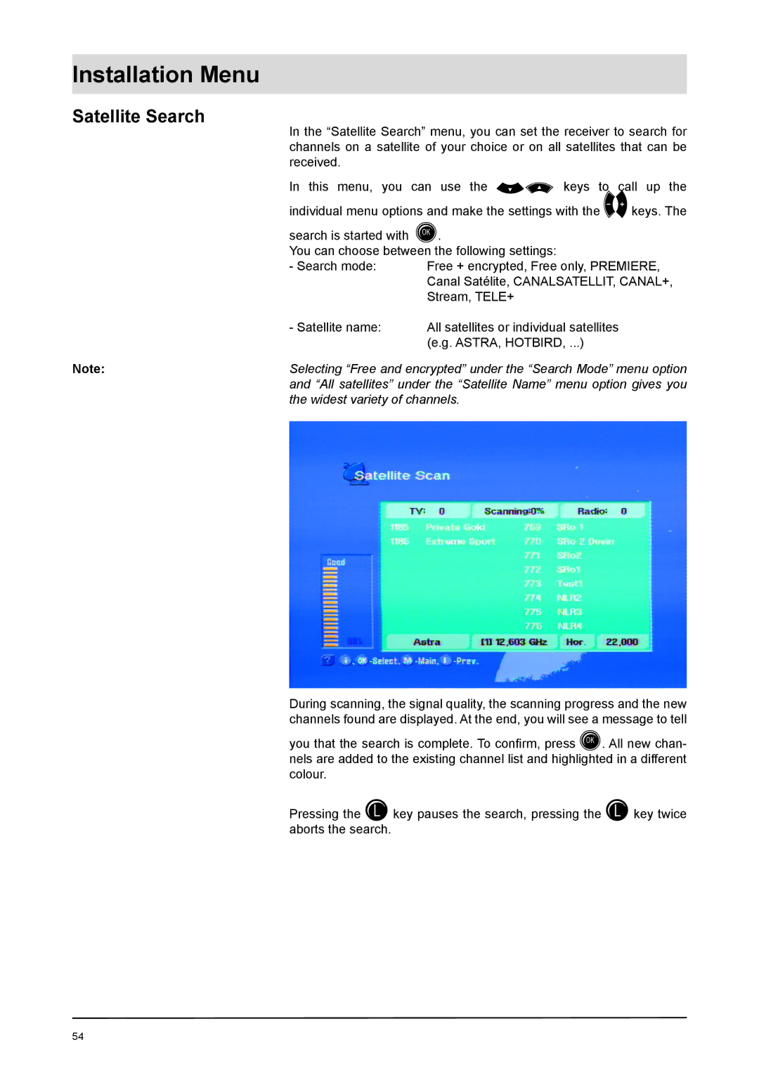 Kathrein UFD 170 manual Satellite Search 