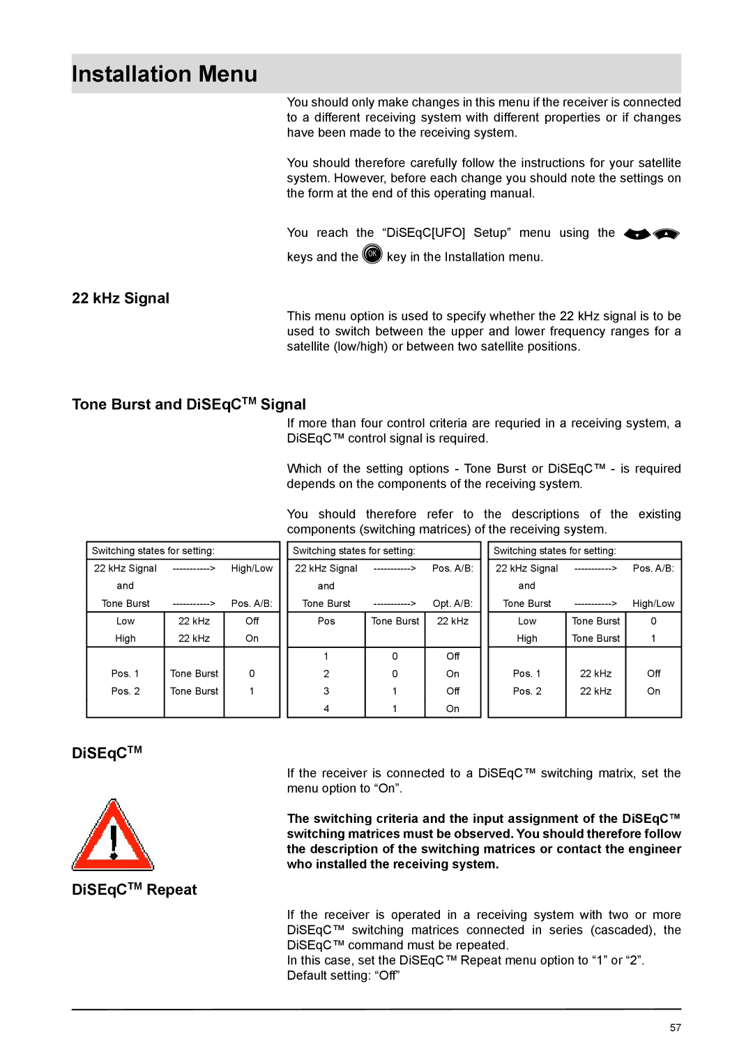 Kathrein UFD 170 manual KHz Signal, Tone Burst and DiSEqCTM Signal, DiSEqCTM Repeat 