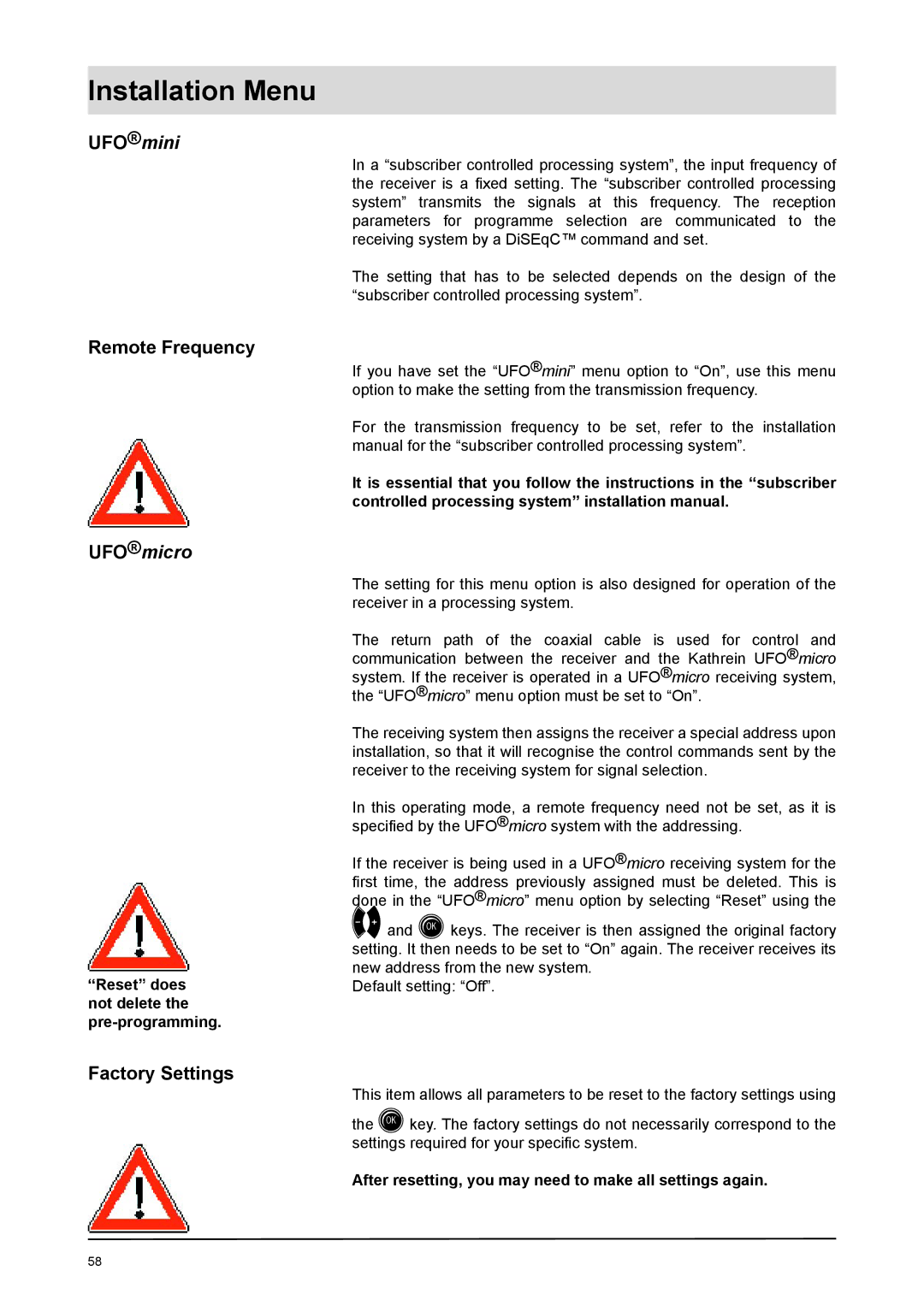 Kathrein UFD 170 manual Remote Frequency, Factory Settings, Reset does not delete the pre-programming 