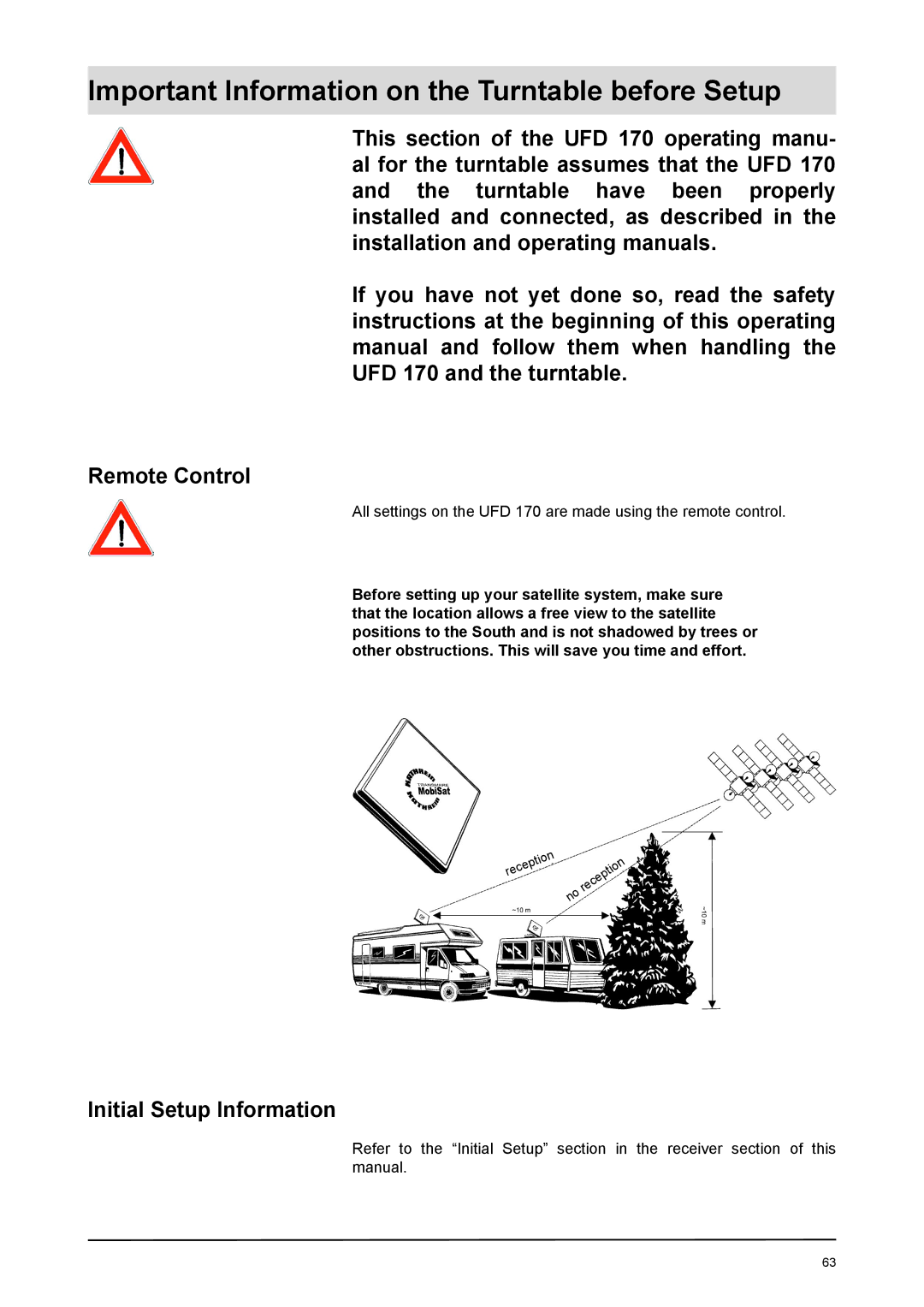 Kathrein UFD 170 manual Important Information on the Turntable before Setup, Initial Setup Information 