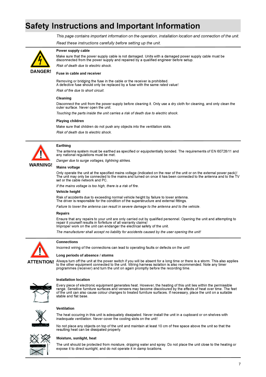 Kathrein UFD 170 manual Safety Instructions and Important Information, Power supply cable 