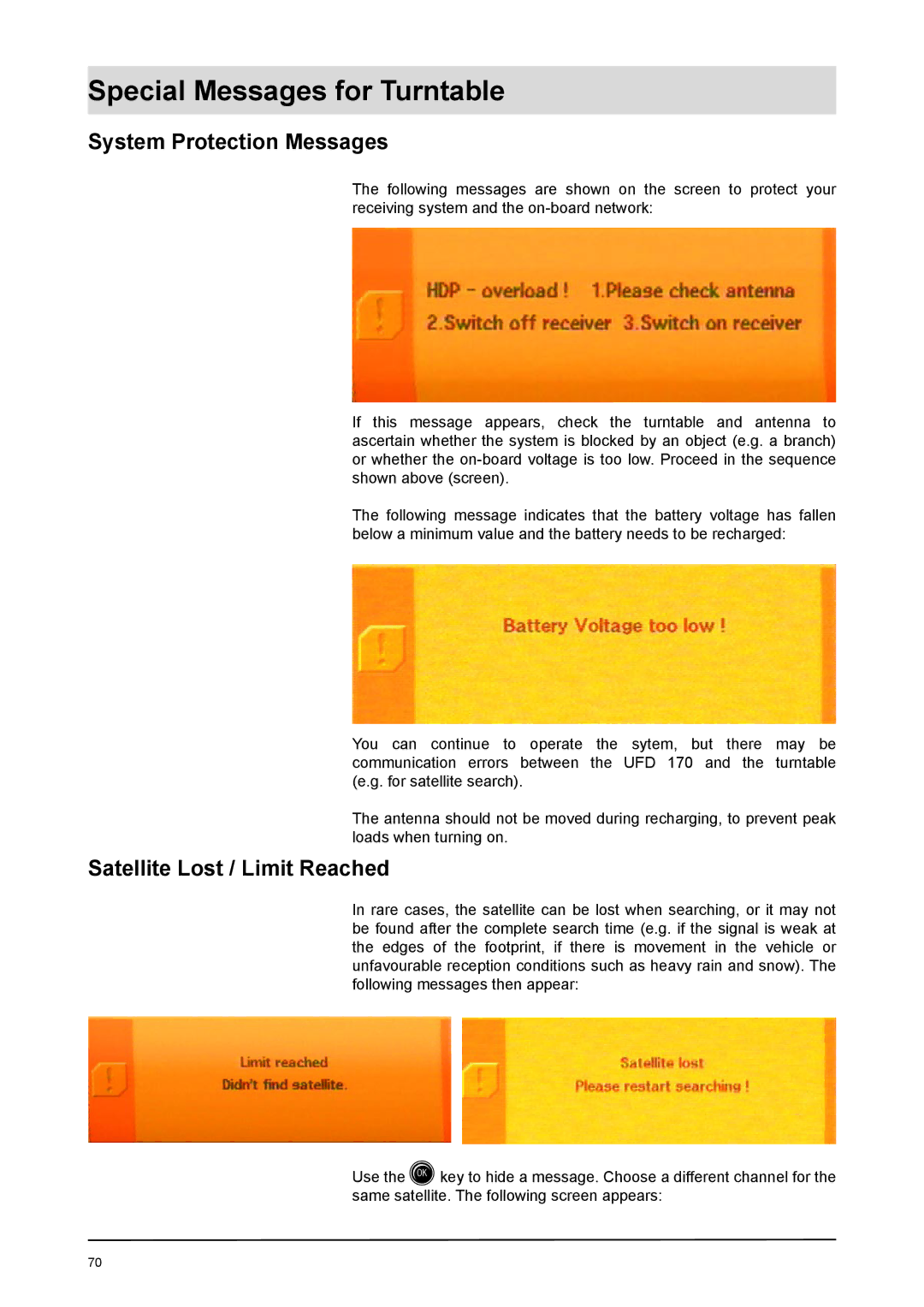 Kathrein UFD 170 manual Special Messages for Turntable, System Protection Messages, Satellite Lost / Limit Reached 