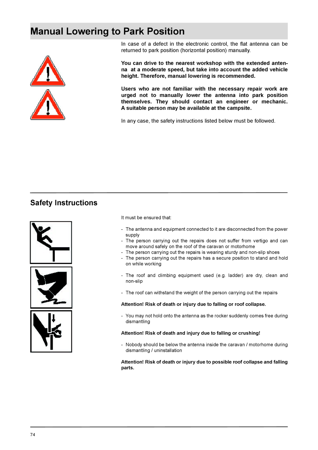 Kathrein UFD 170 manual Manual Lowering to Park Position, Safety Instructions 